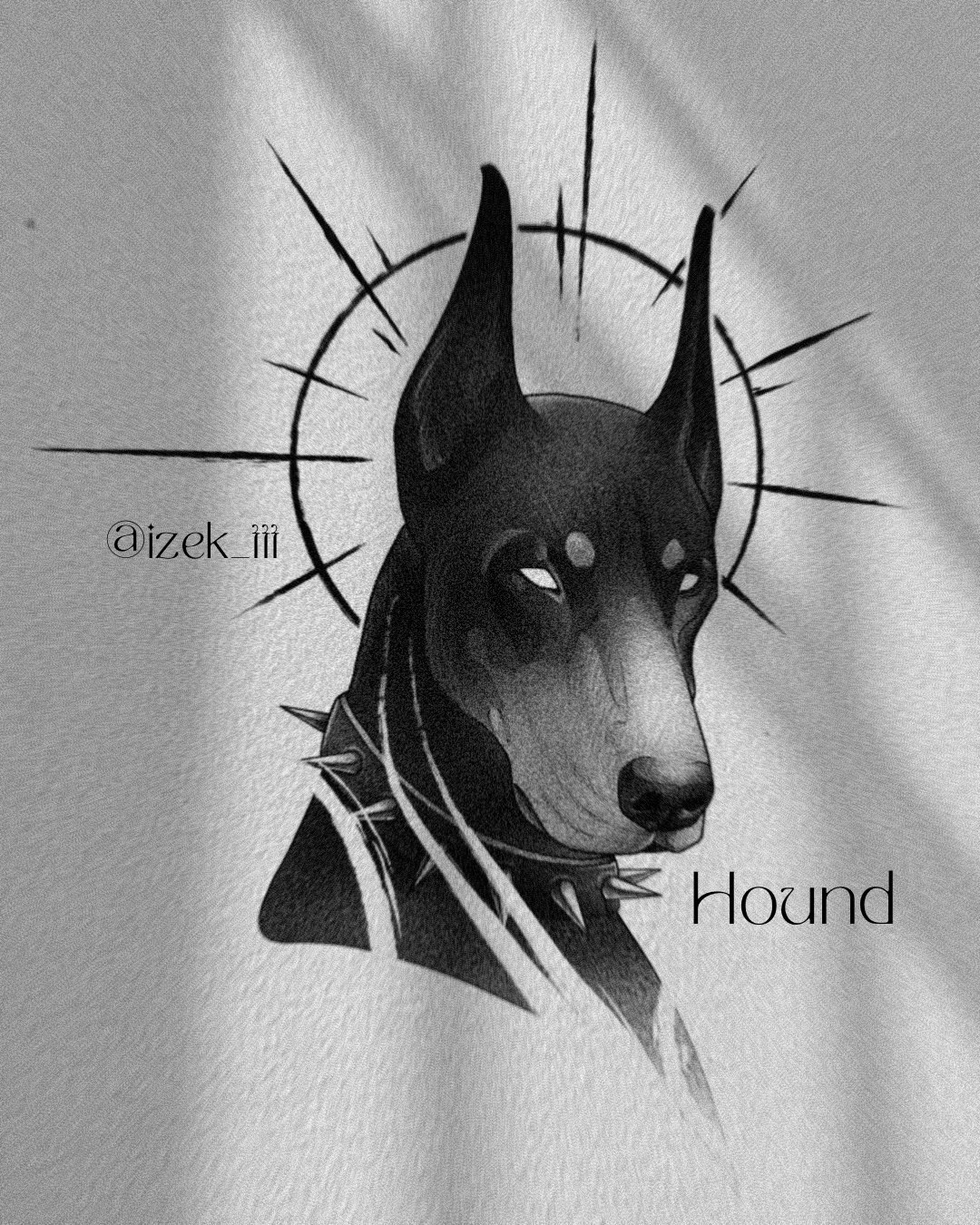 Black and white illustration of a dobermann dog wearing a spiked collar with a halo-like circle with radiating lines behind its head, resembling a religious or saintly icon, with the text '@izek_ttt' on the left and 'Hound' on the right.