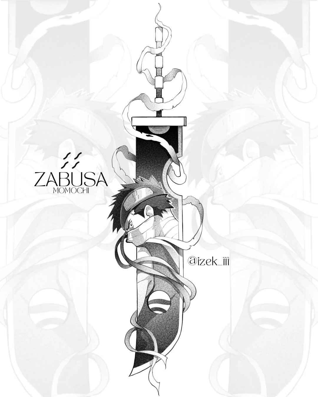 Black and white illustration of a person with spiky hair wearing a mask, surrounded by swirling ribbons, holding a large sword. The background features faint, repeated motifs of a dragon and shield. Text on the left reads 'ZABUSHA MOMOCHI' and at the