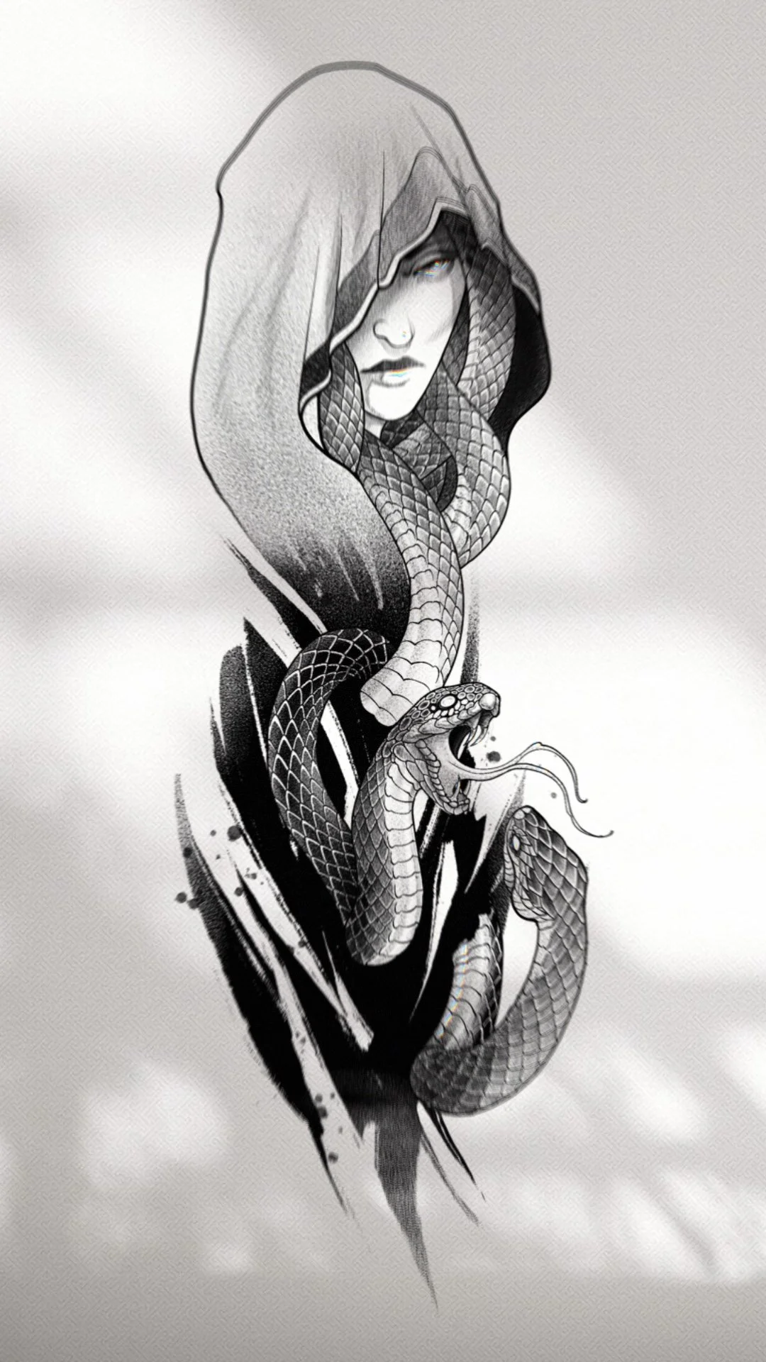 Black and white illustration of a woman with a snake wrapped around her shoulders, wearing a hooded jacket with the hood covering her head, with a fierce expression and open mouth. A Medusa Design