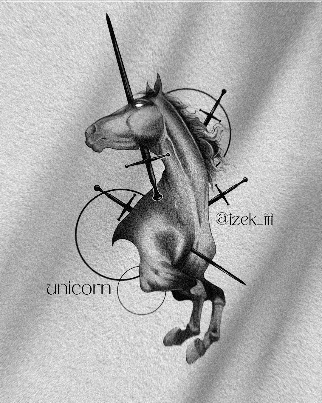 Black and white illustration of a unicorn with swords piercing its neck, torso, and legs, and a halo around its head. The word 'unicorn' is written on the left, and '@izek_ttt' is written on the right.