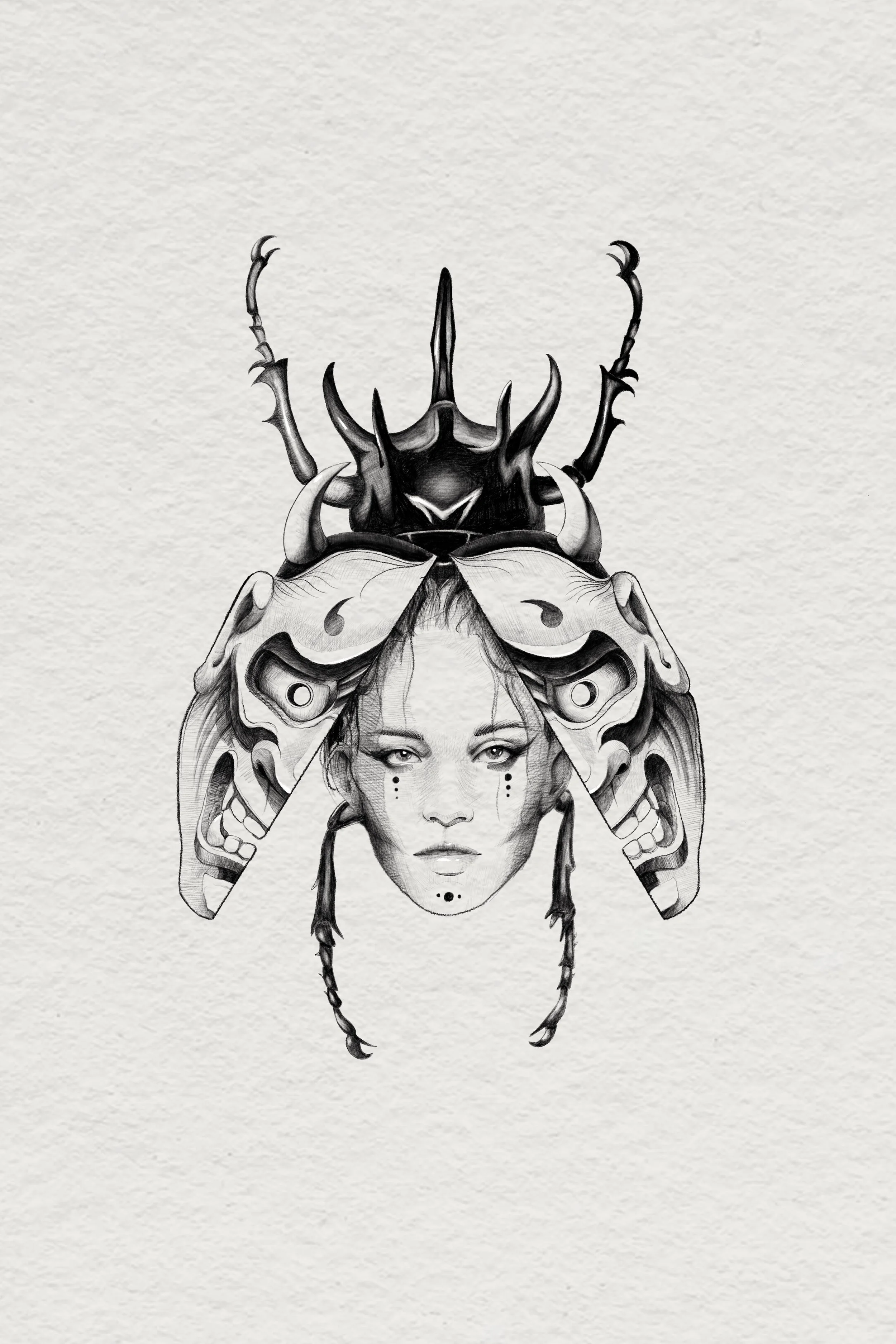 Black and white digital illustration of a woman's face with a beetle and moth encima of her head, blending elements of nature and portrait art.
