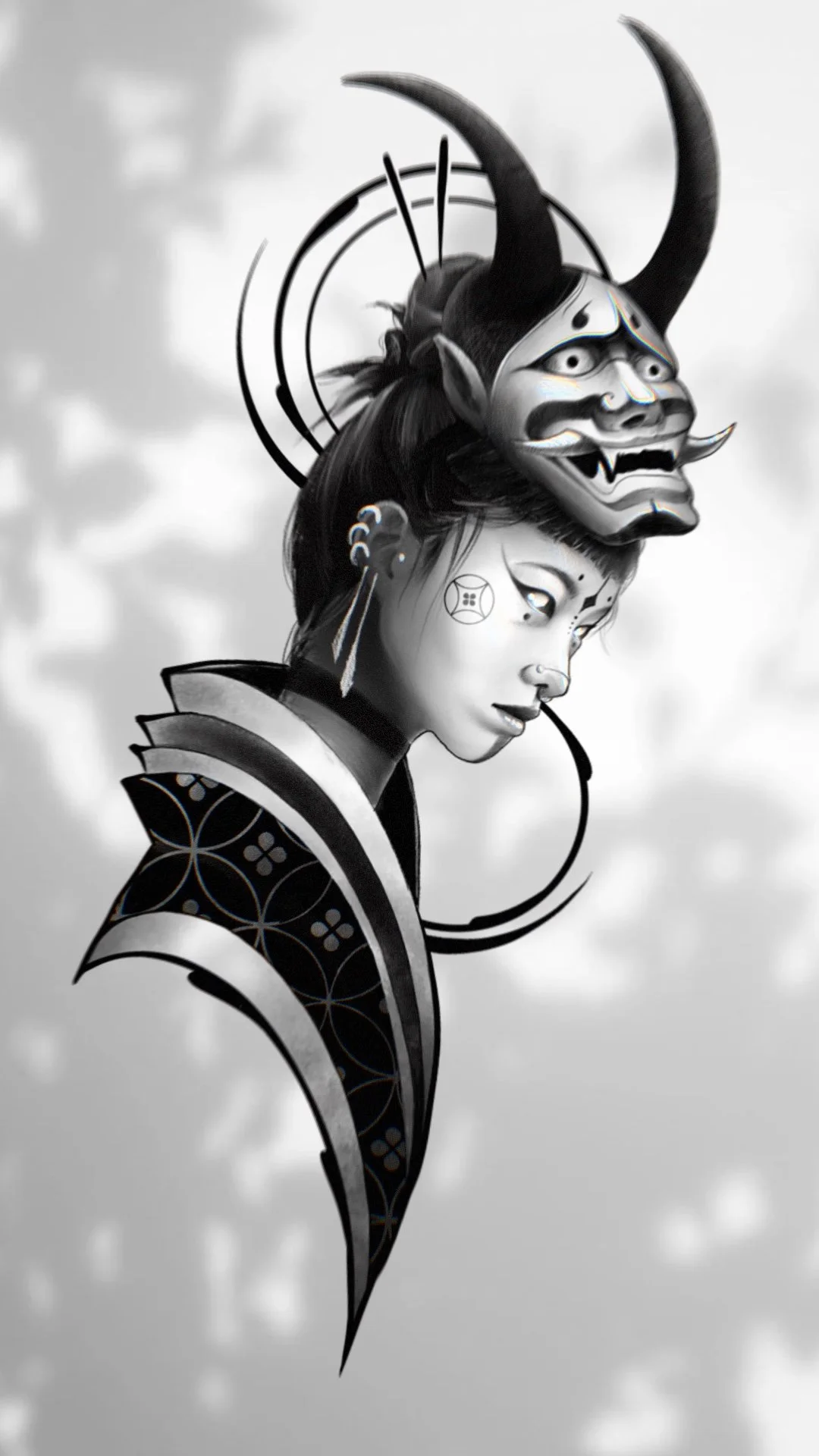Black and white digital art of a woman with traditional Japanese face makeup, tattoos, and a kimono, with an ornate demon mask floating above her head, set against a cloudy sky background.