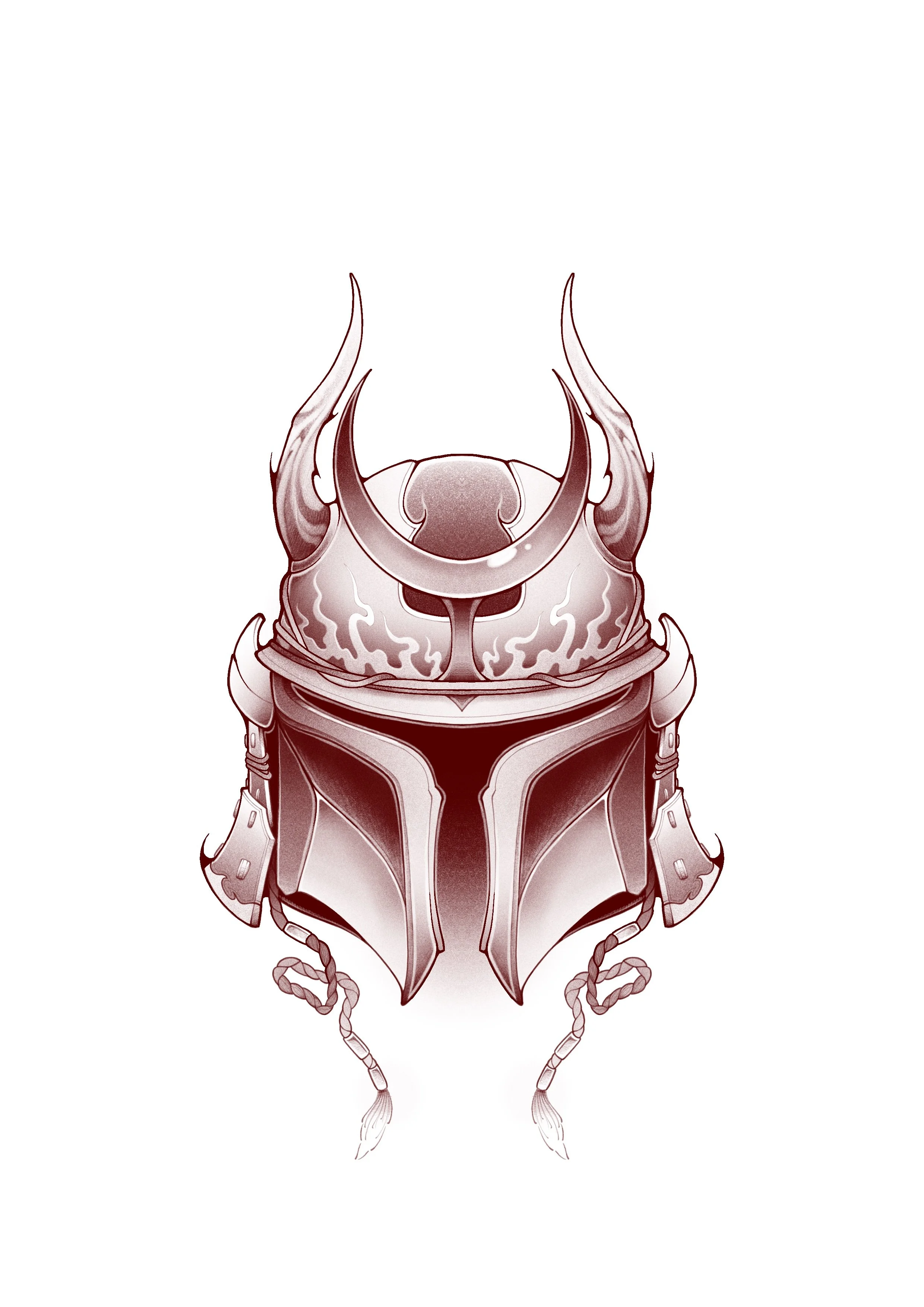 A detailed black and white illustration of a samurai helmet mixed with a Mandalorian Helmet like Boba Fett from Star Wars with intricate patterns and decorative elements.