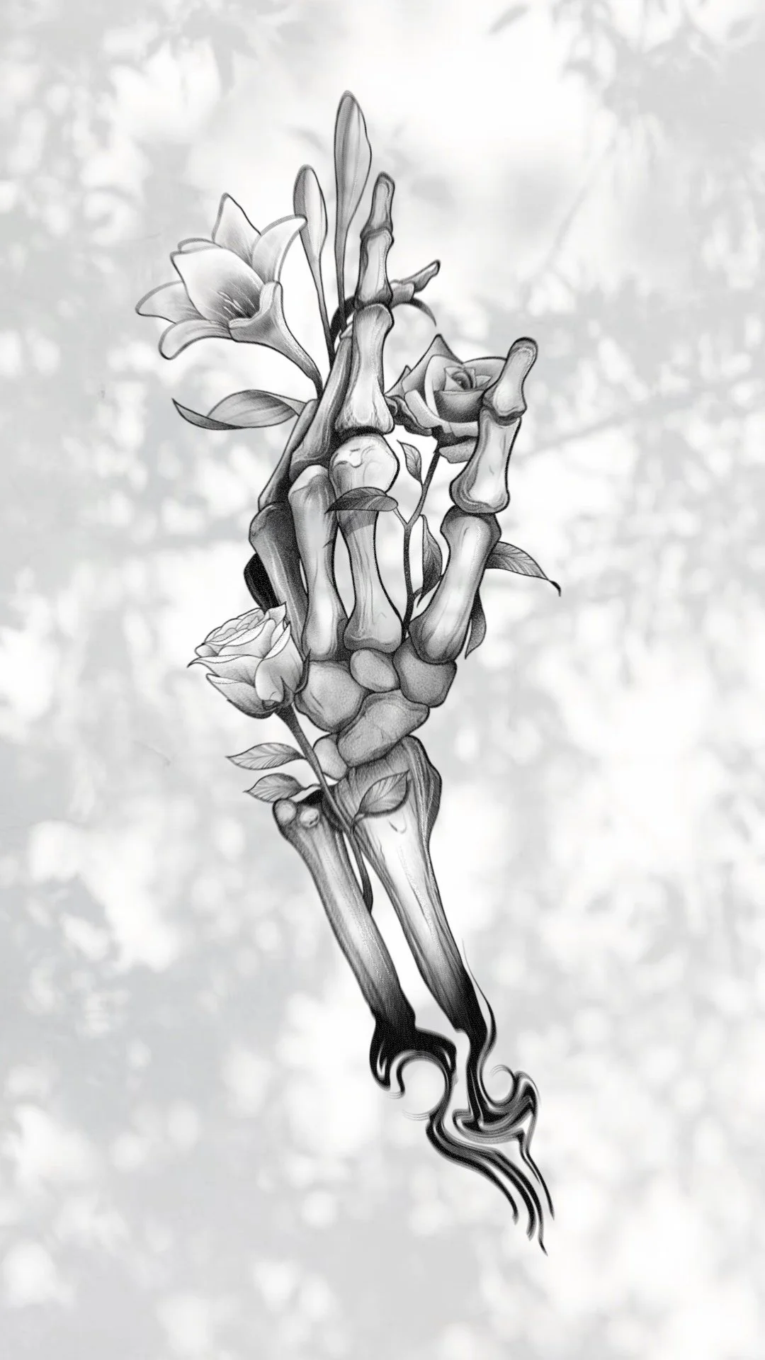 Black and white drawing of a hand with skeletal bones, decorated with flowers and leaves.
