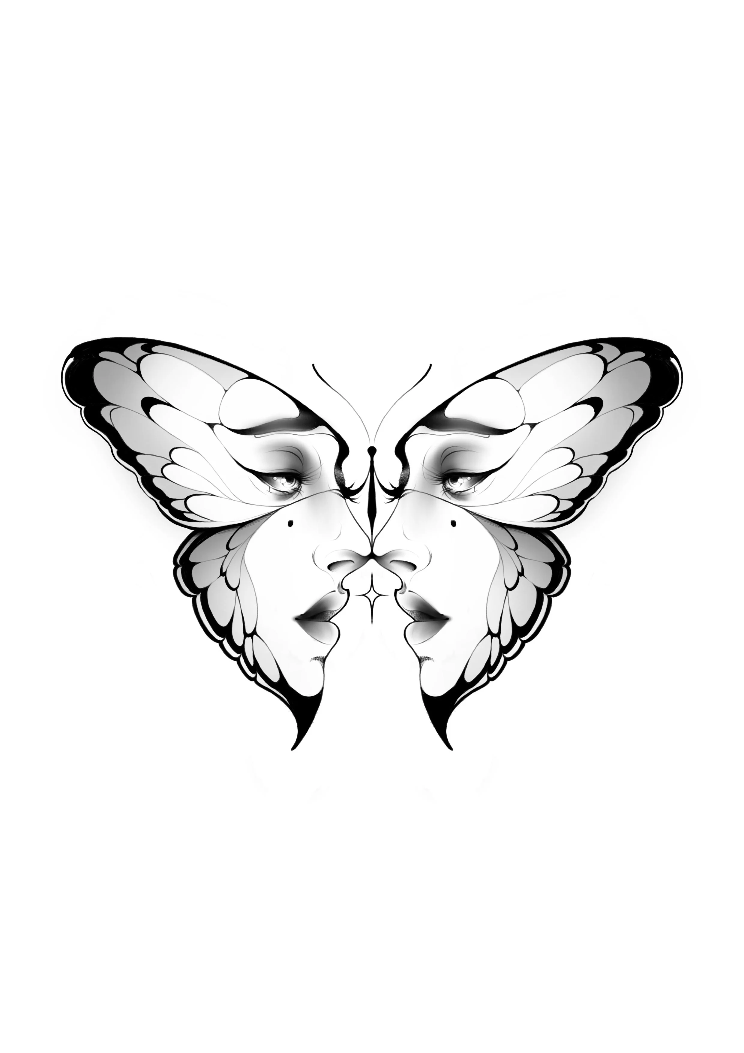 Black and white butterfly with human face and lips, symmetrical design, with detailed wings and facial features.