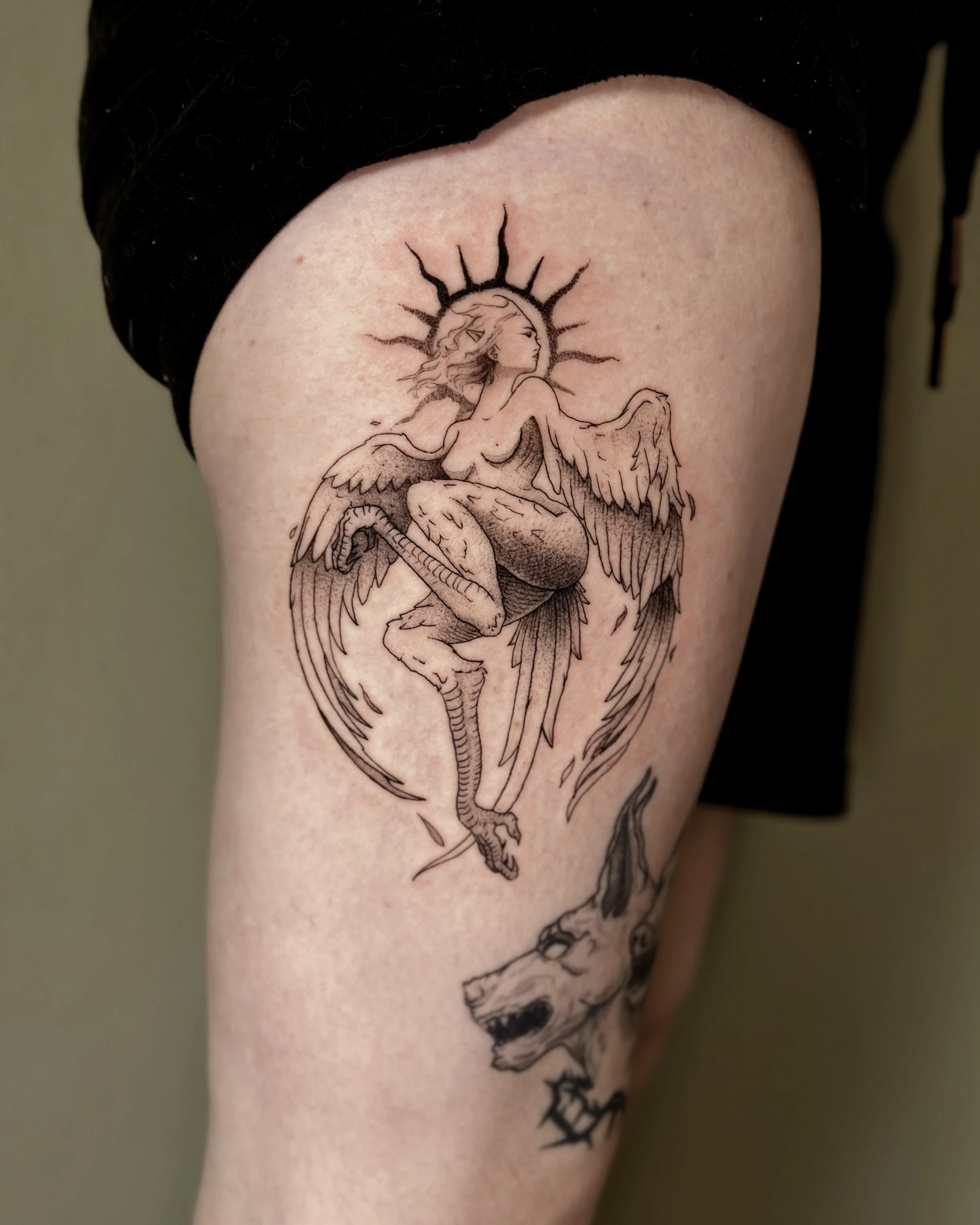 Black ink tattoo of a woman with long hair, a Harpy, with a sun behind her head, on a person's upper arm.