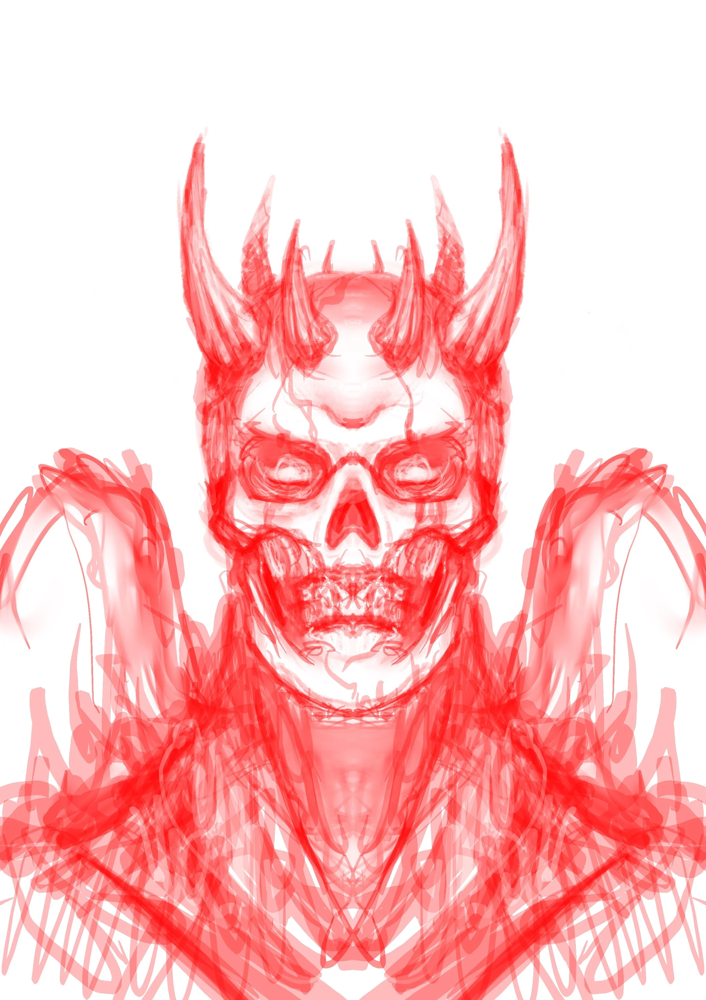 Red digital illustration of a monstrous creature with horns and an animal skull face, symmetrical design, detailed features, and a fantasy aesthetic.