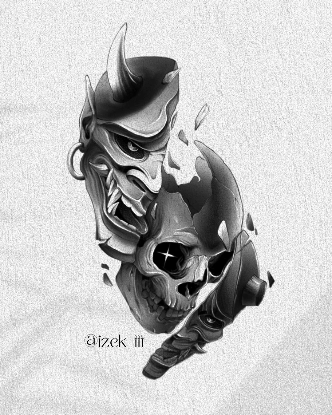 A black and white illustration of a broken mask revealing a skull, with an angry demon face above it, and various exaggerated features, signed '@izek_ttt'.