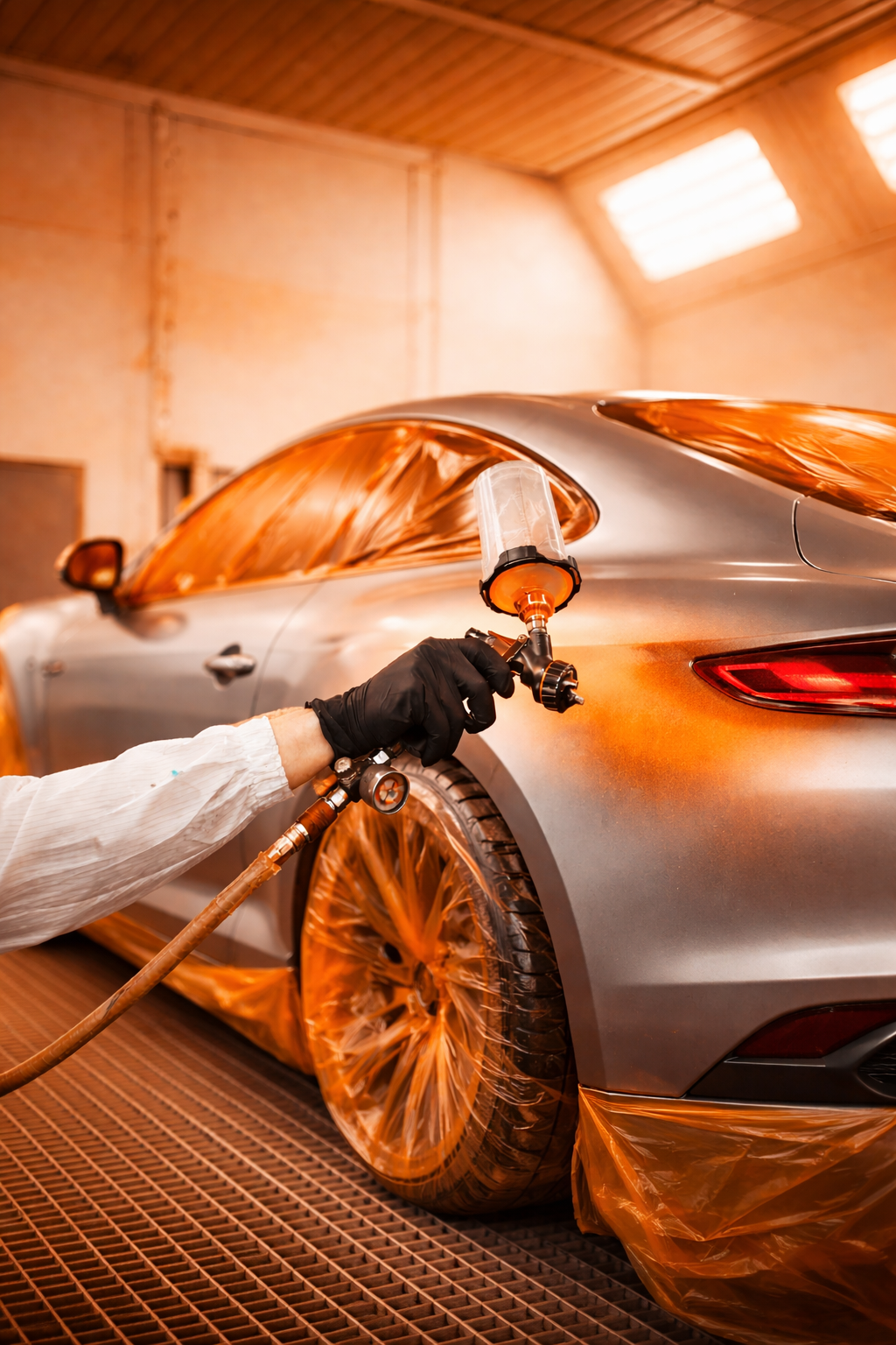 Ein Mitarbeiter lackiert einen silbernen Auto in einer Werkstatt mit einem Sprühgerät, das vom Bildrand gehalten wird. Das Auto ist teilweise mit orangefarbenem Abdeckmaterial geschützt.