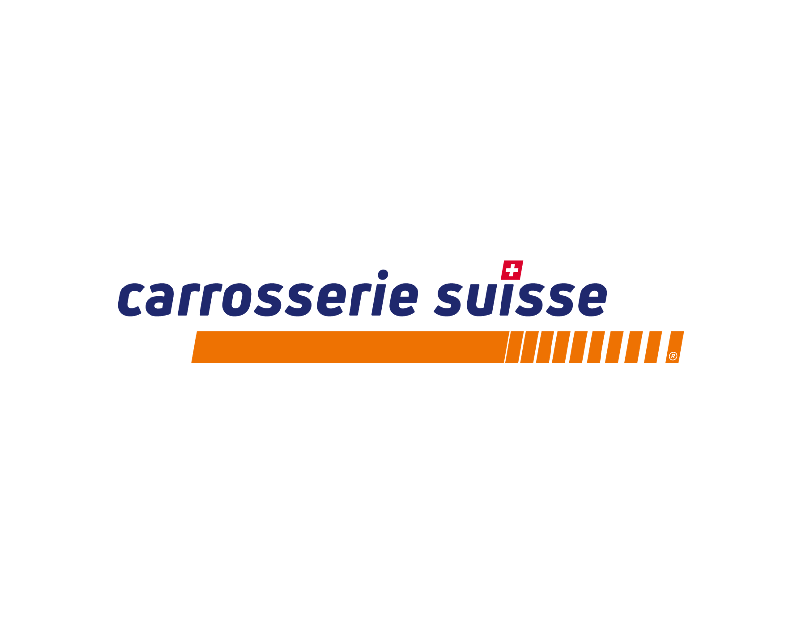 Logo der Marke Carrosserie Suisse mit Schweizer Flagge und orangefarbenem Streifen auf schwarzem Hintergrund.