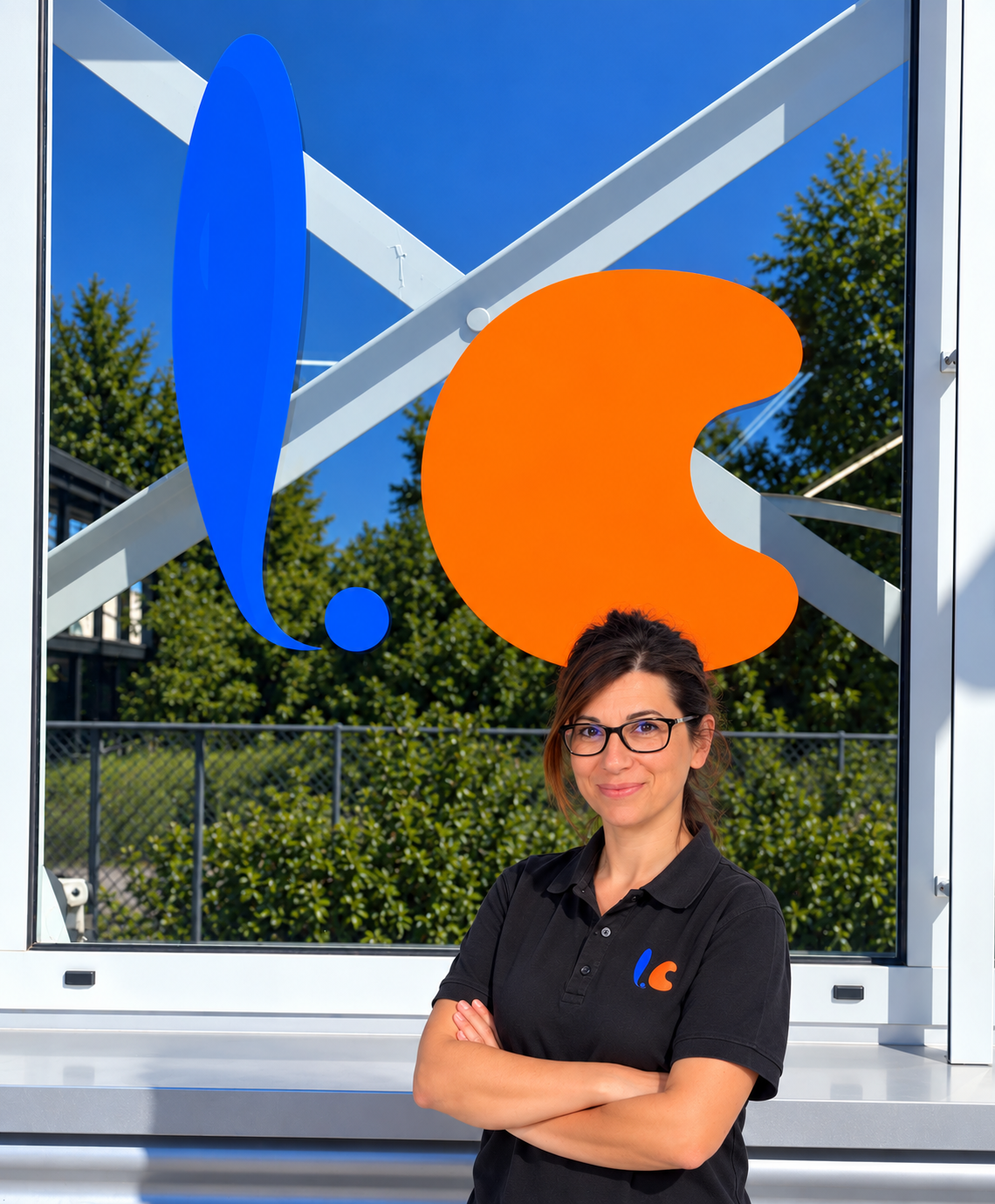 Eine Frau mit Brille und schwarzen Polo-Shirt, die vor einem Glasfenster steht, darauf das Logo eines Exclamation- und eines Pac-Man-ähnlichen Symbols in Blau und Orange. Hinter ihr sind Bäume und eine Fabrikanlage zu sehen, der Himmel ist blau.