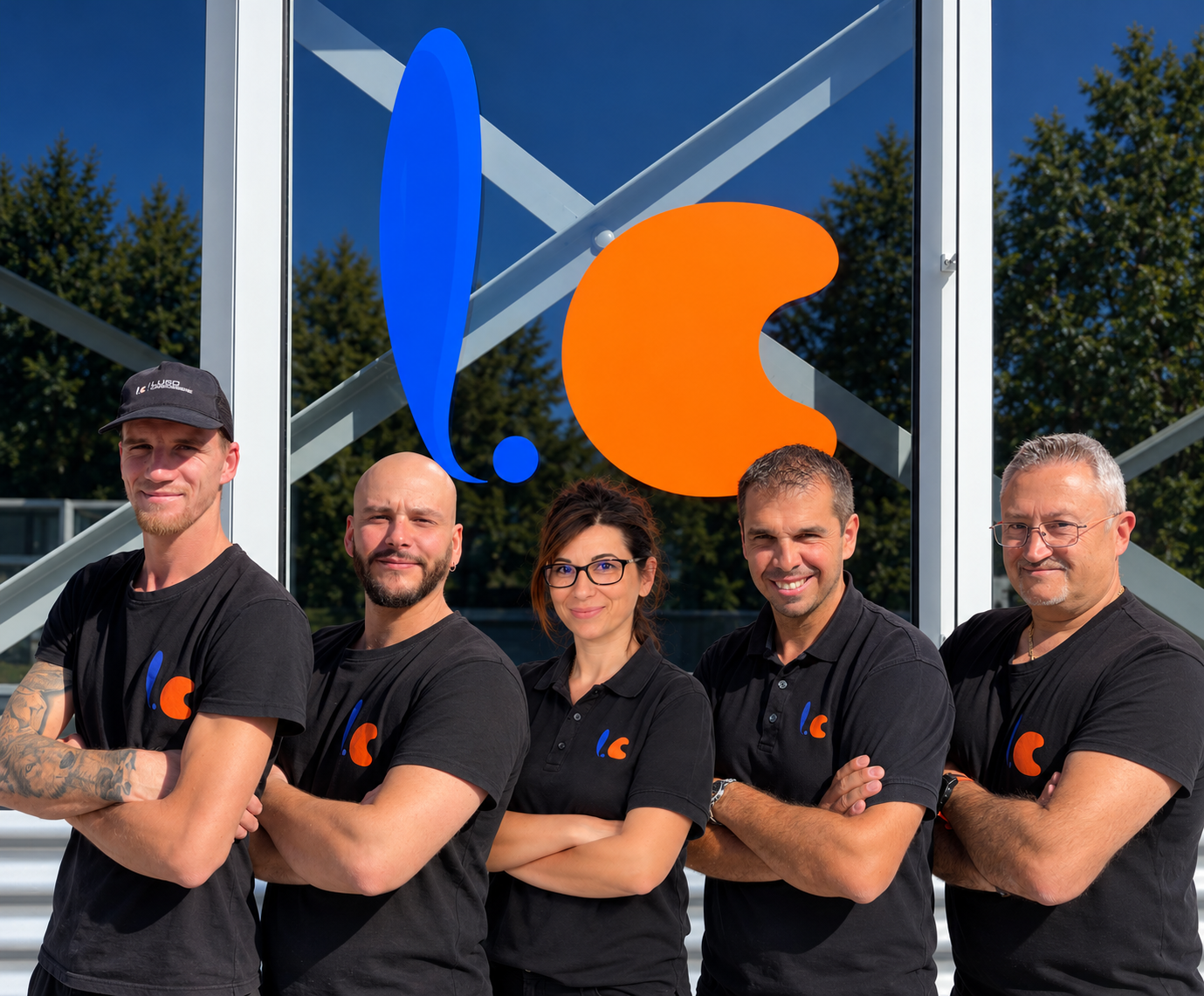 Fünf Personen stehen vor einem Gebäude mit Logo, alle tragen schwarze T-Shirts mit Logo, sonniges Wetter, Bäume im Hintergrund.