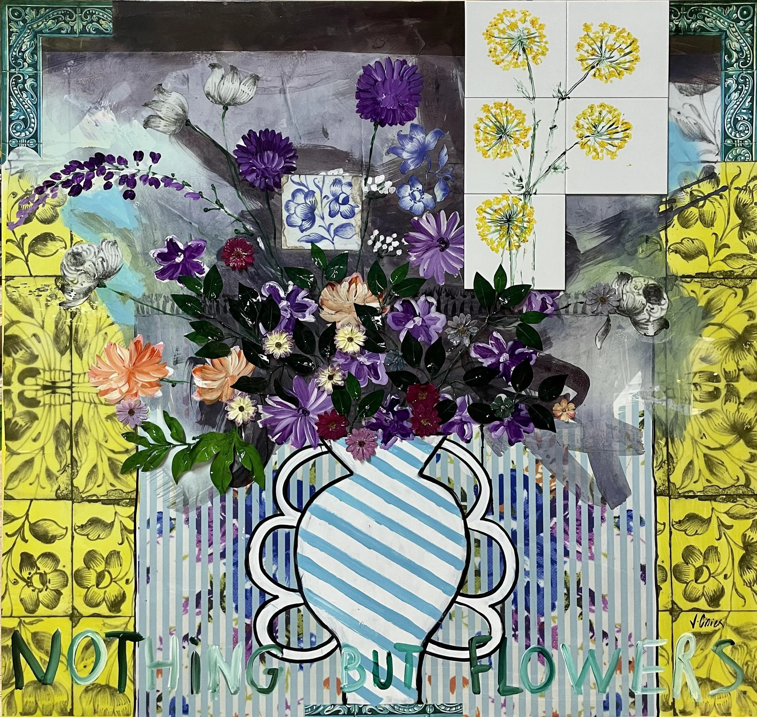 Bouquet au vase rayé
