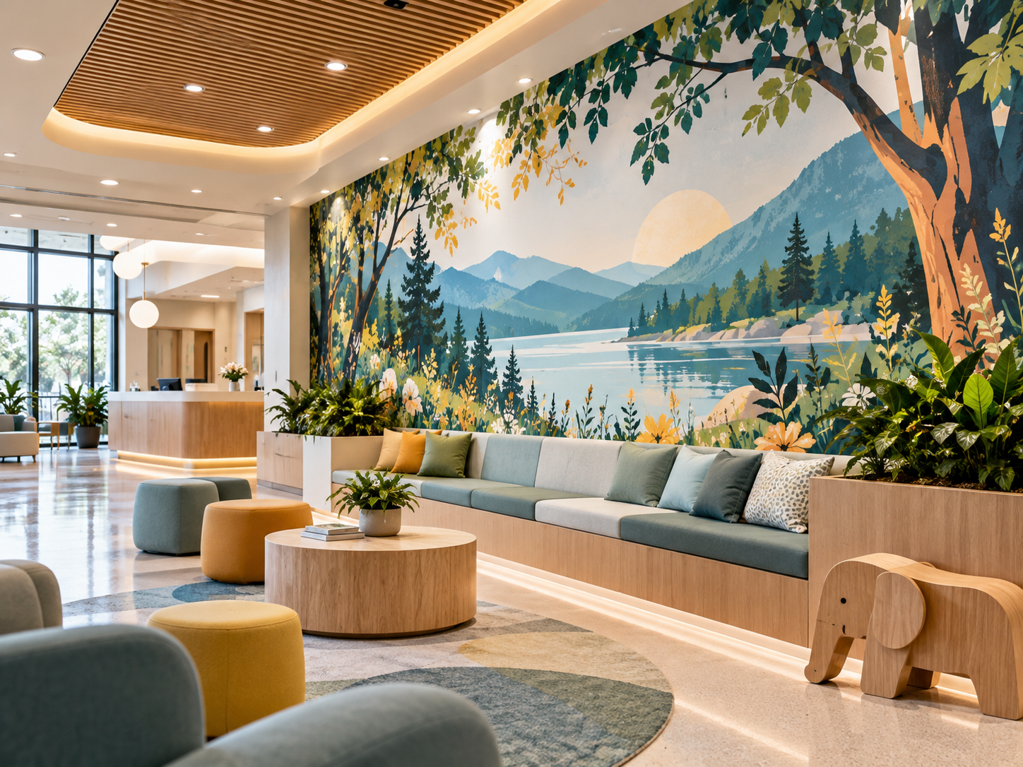 Modern hotel lobby with colorful lounge seating, indoor plants, and a large mural of a mountain lake landscape
