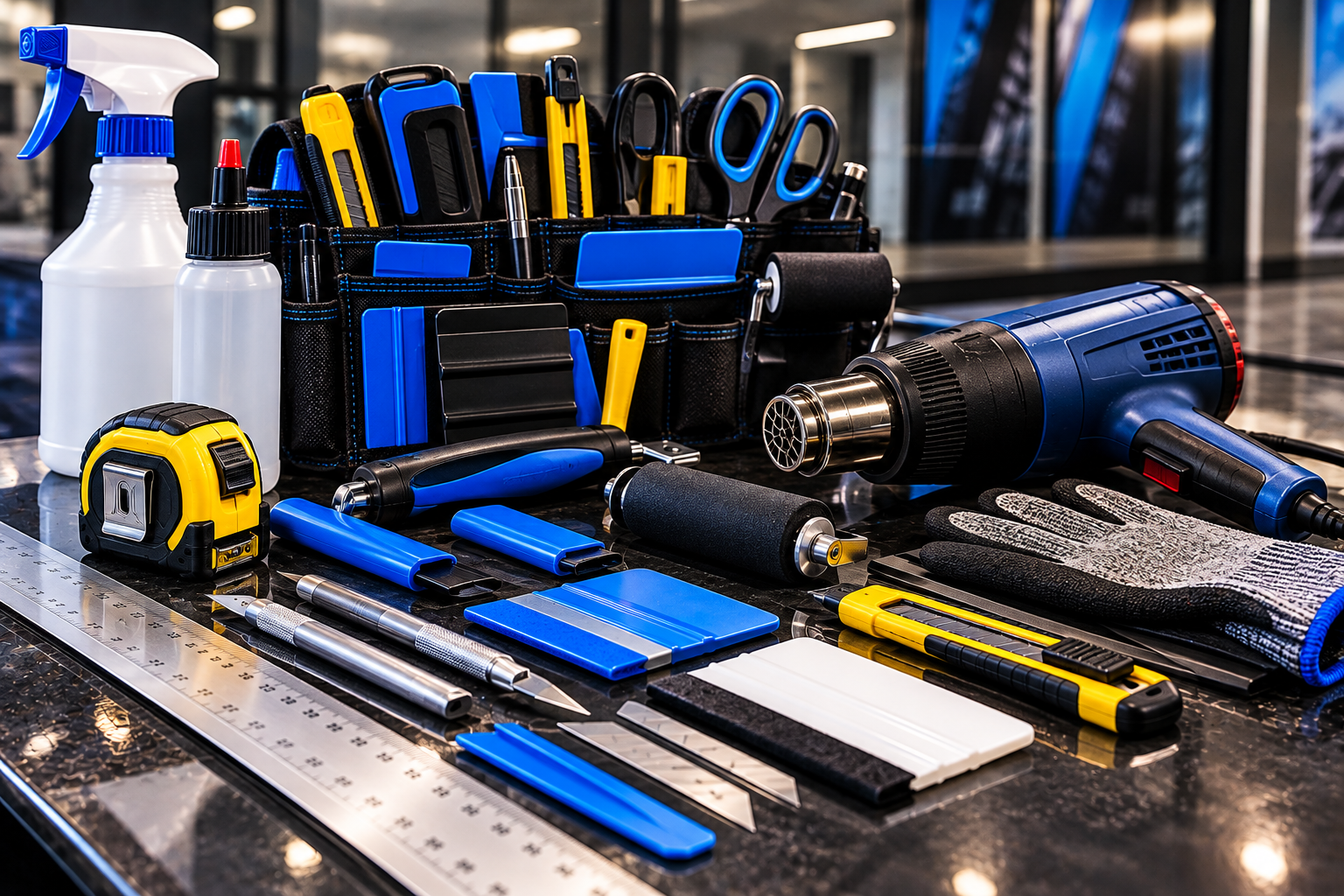 Assorted blue and yellow workshop tools, heat gun, utility knives, scissors, measuring tape, gloves, ruler, and cleaning spray on a workbench