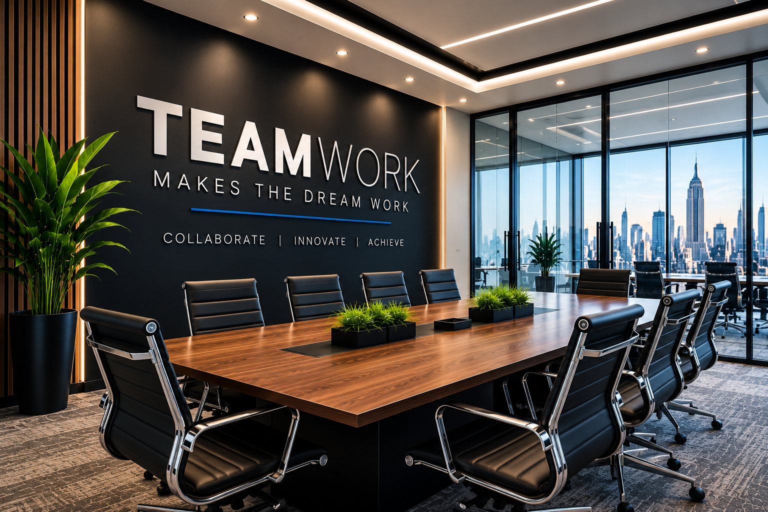 Modern executive conference room with large wooden table, black leather chairs, and wall sign reading “TEAMWORK MAKES THE DREAM WORK,” overlooking a city skyline.