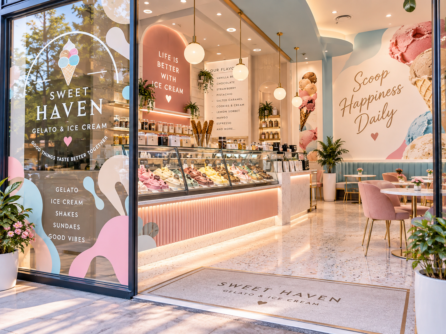 Bright Sweet Haven gelato and ice cream shop interior with colorful flavor display, dessert counter, and pink seating area