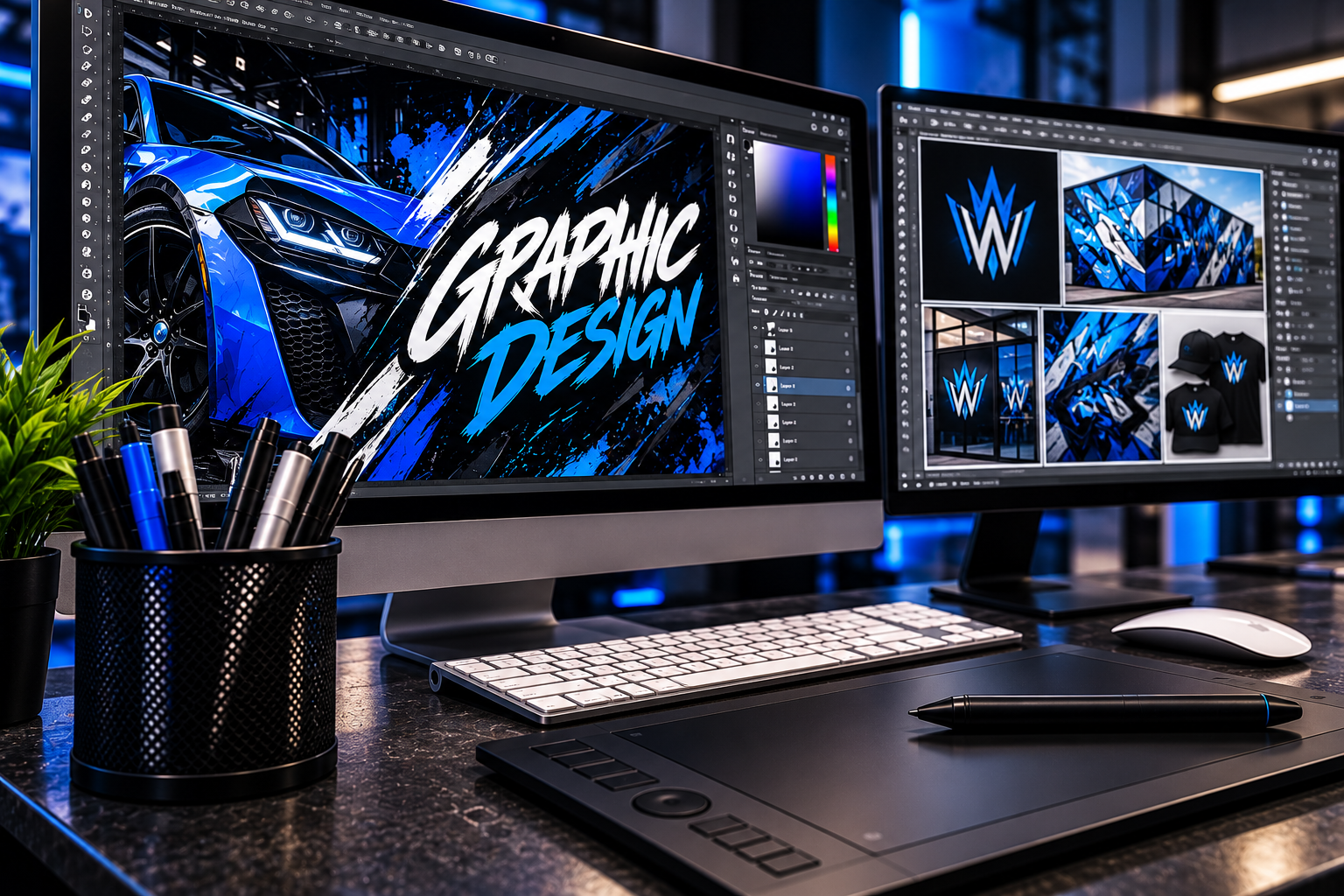 Graphic design workstation with dual monitors displaying a blue sports car illustration, bold graphic design text, and branded apparel mockups.