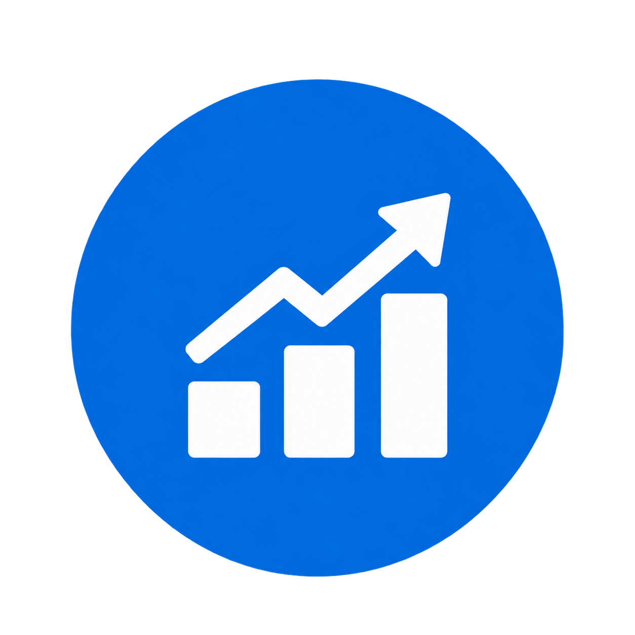 White rising bar chart and upward arrow inside a blue circle, symbolizing business growth and increasing performance