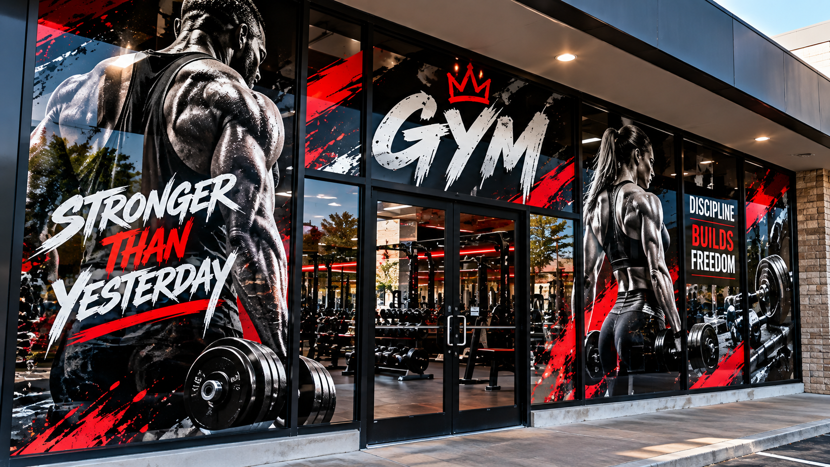 Gym storefront with bold red, black, and white fitness graphics, muscular athletes lifting weights, and motivational messages including “Stronger Than Yesterday” and “Discipline Builds Freedom.”