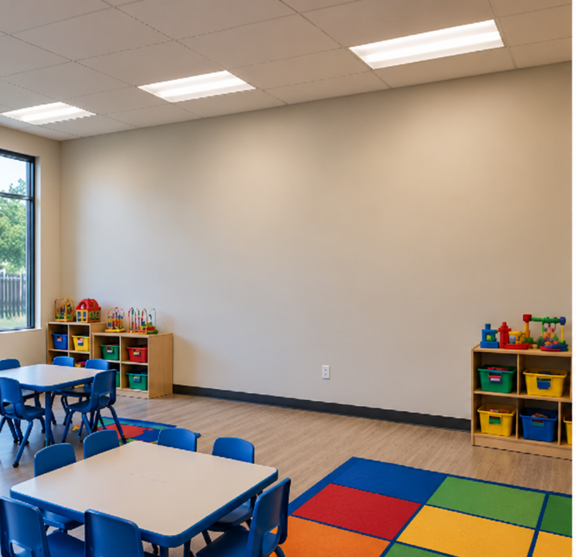 Bright preschool classroom with blue tables and chairs, colorful activity rug, toy storage shelves, and large windows