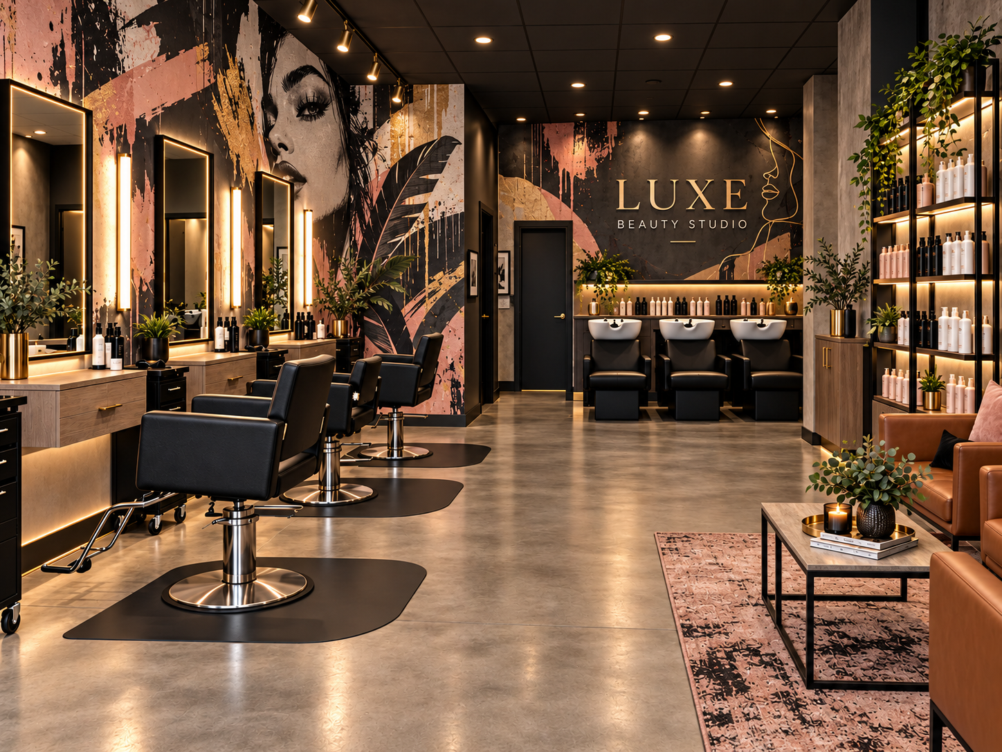 Modern Luxe Beauty Studio salon interior with styling chairs, illuminated mirrors, shampoo stations, product shelves, plants, and artistic wall murals