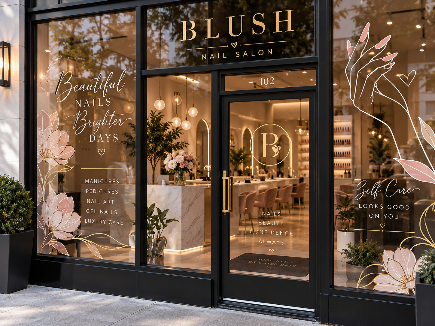 Blush Nail Salon storefront with floral window decals, manicure and pedicure services, and elegant salon interior