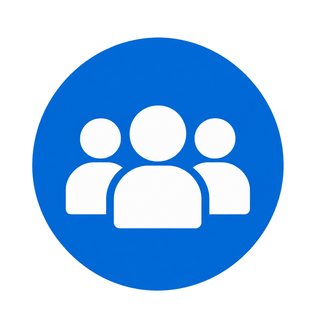 White group of three people icon inside a blue circle