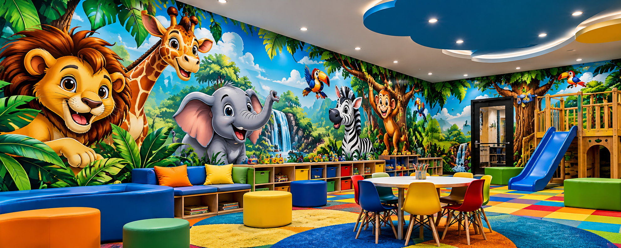 Colorful jungle-themed children's playroom with cartoon lion, giraffe, elephant, zebra, monkey, tropical mural, colorful seating, tables, and indoor slide