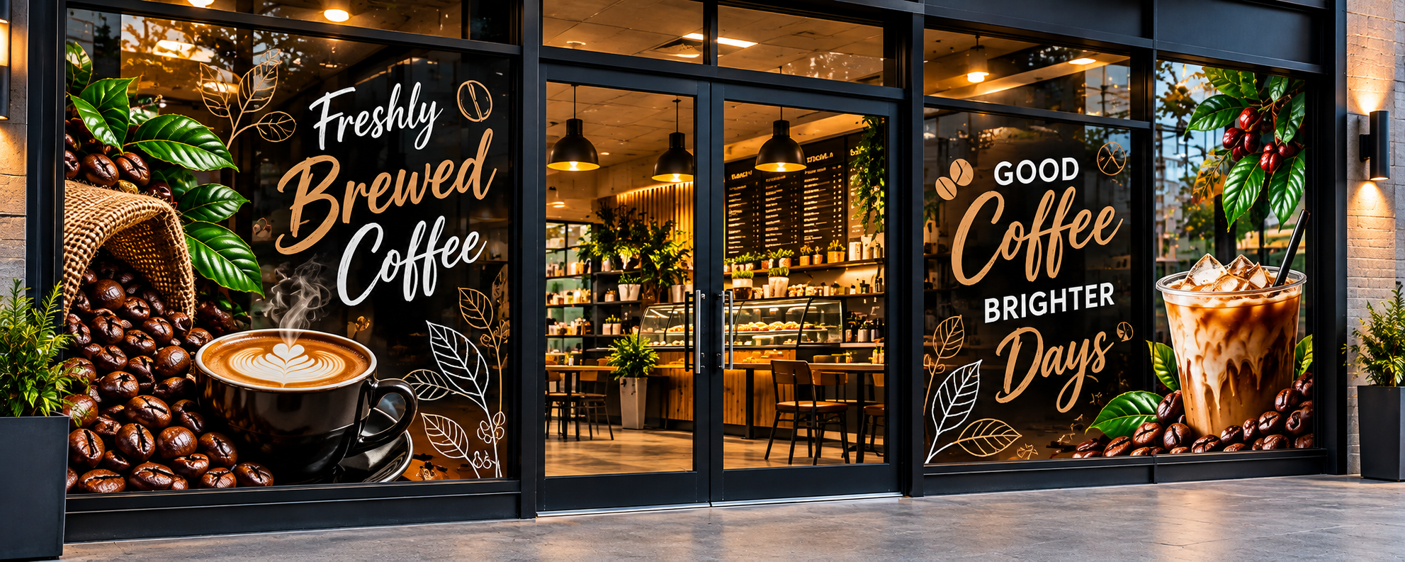 Coffee shop storefront with coffee bean graphics, latte art, iced coffee, and “Freshly Brewed Coffee” and “Good Coffee, Brighter Days” window lettering