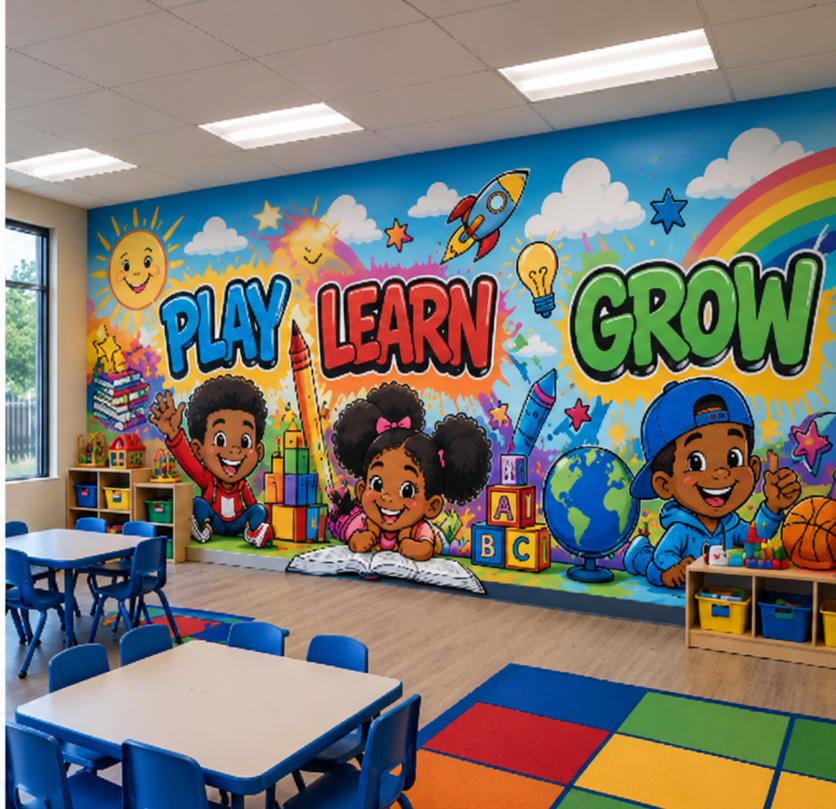 Colorful preschool classroom with tables, chairs, activity rug, shelves, and a mural reading “Play Learn Grow” with children, books, a rocket, globe, rainbow, and educational toys.