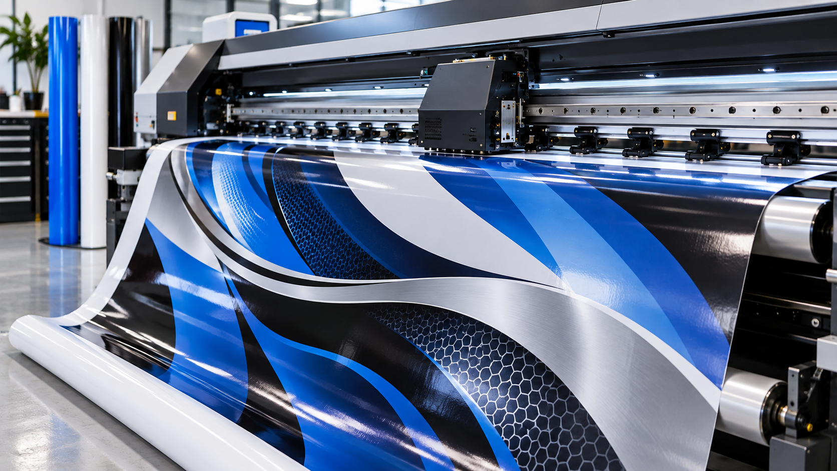 Large-format industrial printer producing glossy blue, black, and silver automotive graphic film
