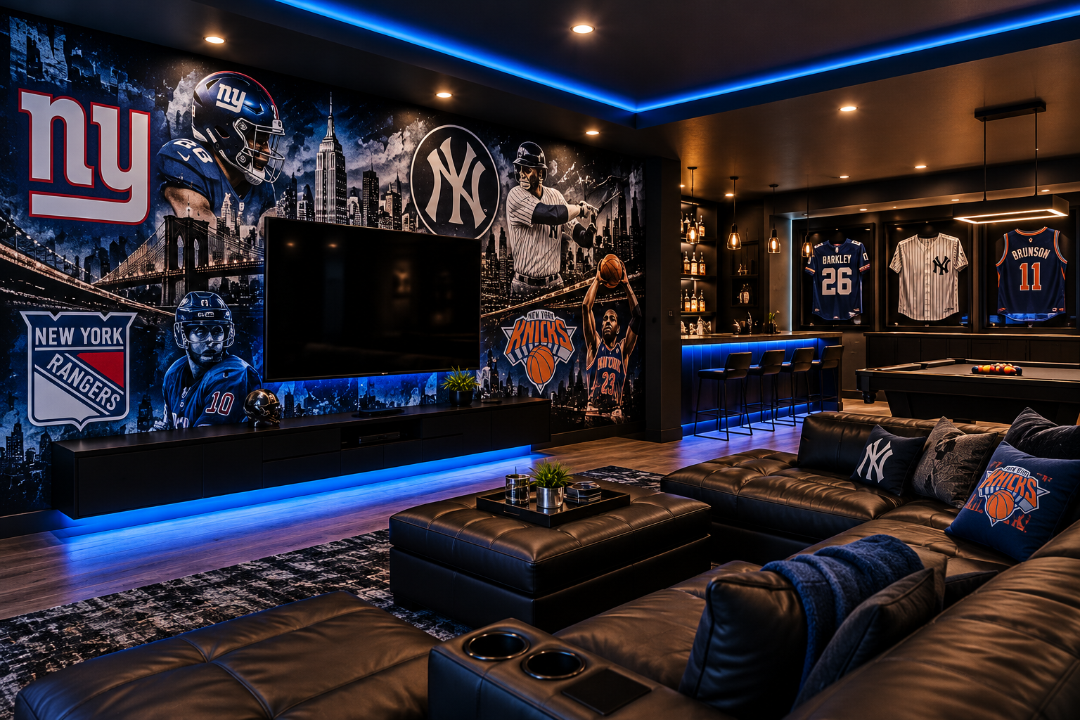 Luxury New York sports-themed home theater with Giants, Yankees, Knicks, and Rangers decor, leather sectional, bar, pool table, and large TV