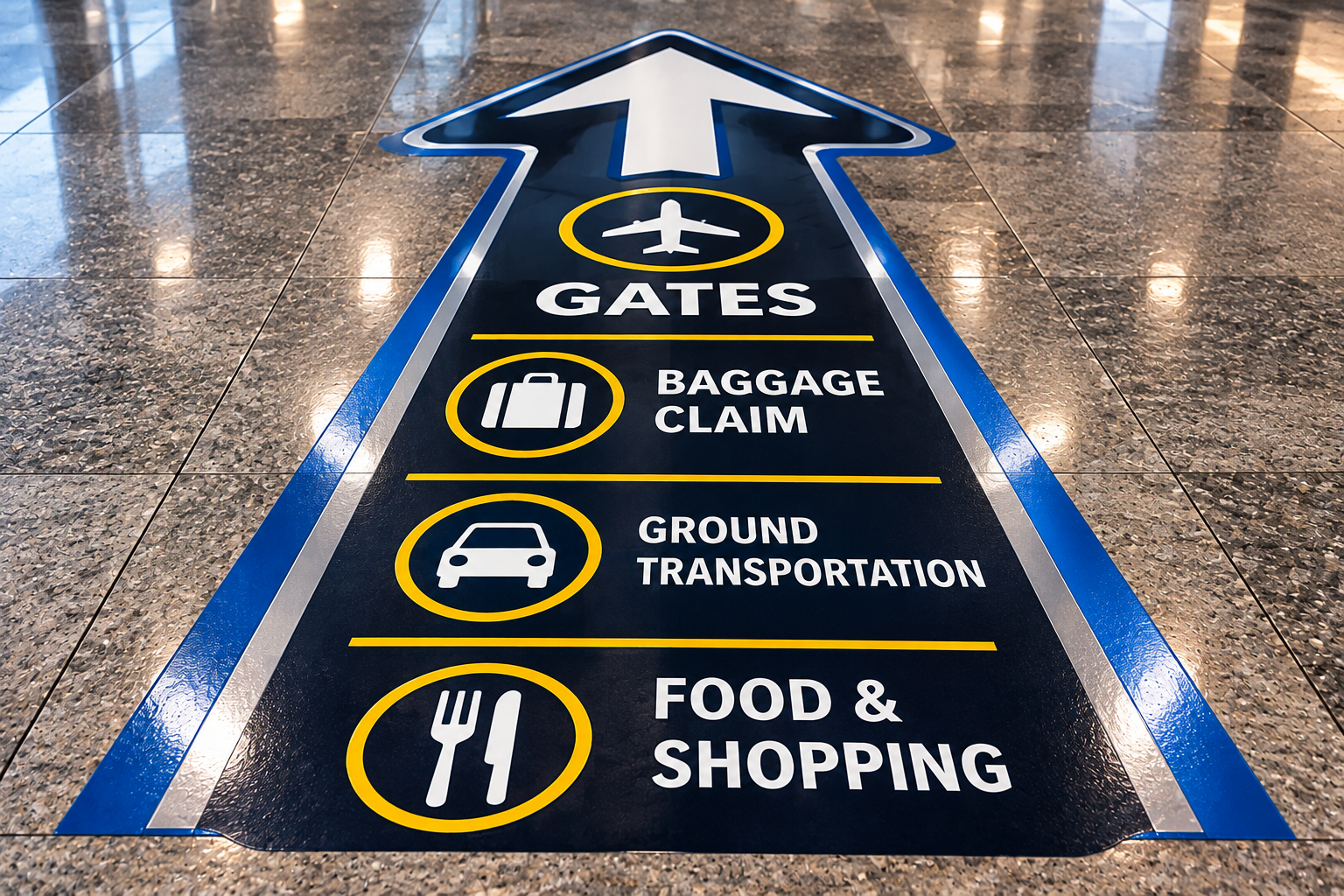 Airport floor sign directing travelers to gates, baggage claim, ground transportation, food, and shopping