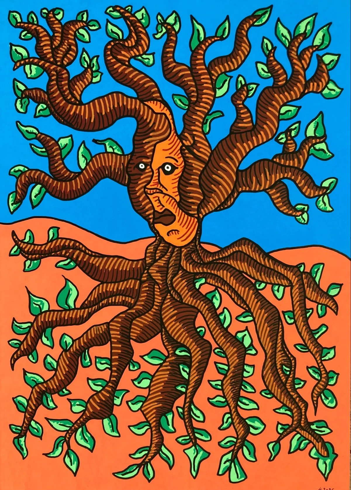 Peinture sur verre contemporaine montrant un arbre et des Racines