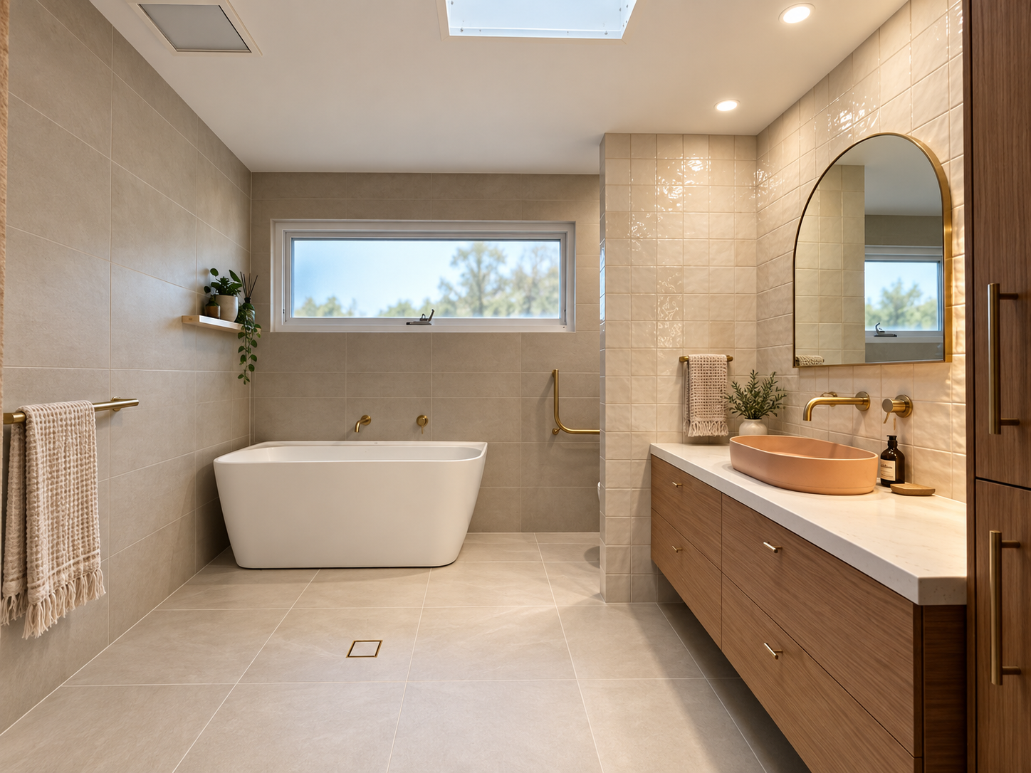 Modern beige-tiled bathroom with freestanding bathtub, copper vessel sink, floating wood vanity, arched mirror, skylight, and natural light