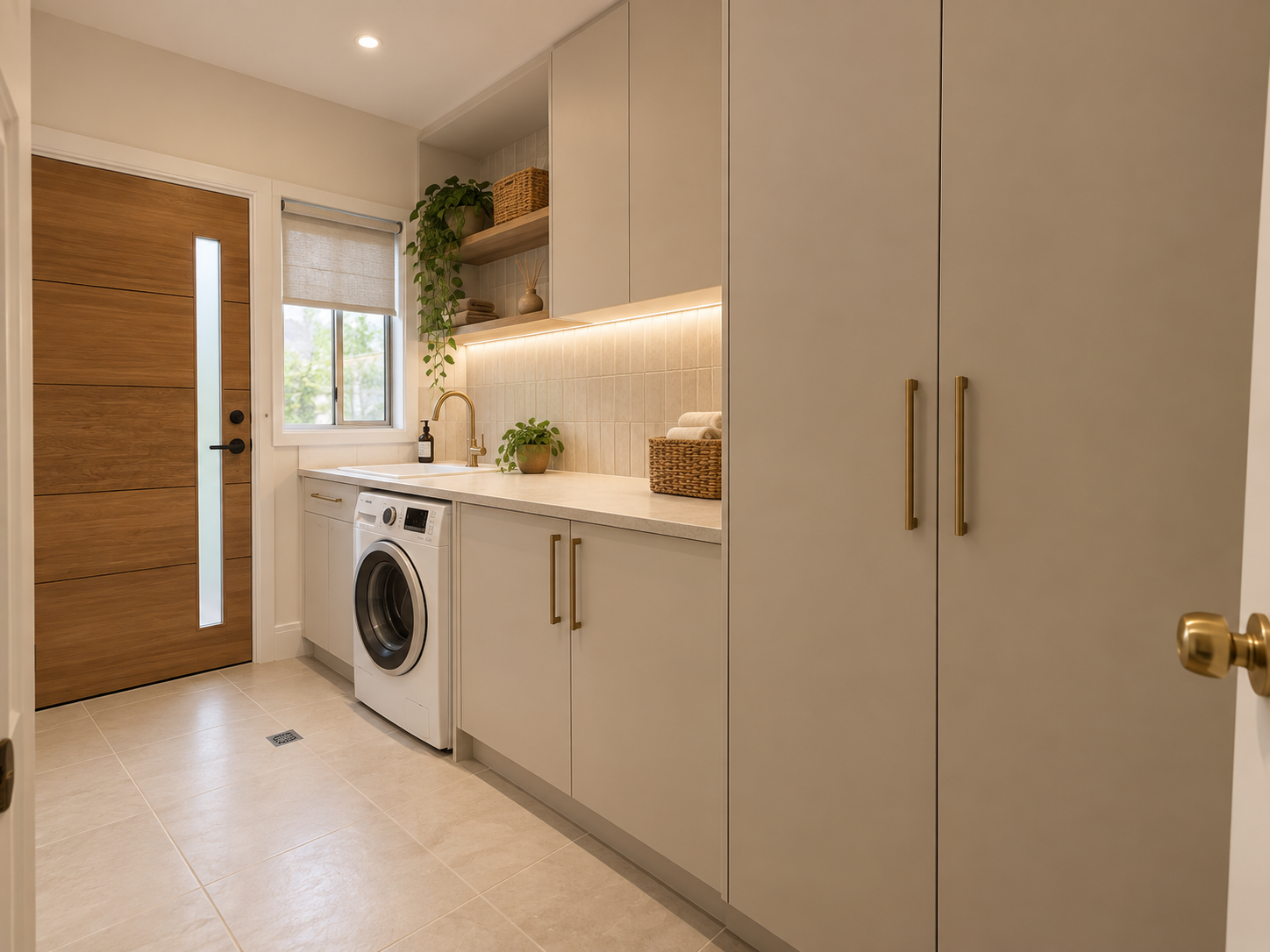 Modern laundry room with washer, sink, tall cabinets, wood door, woven baskets, and decorative plants
