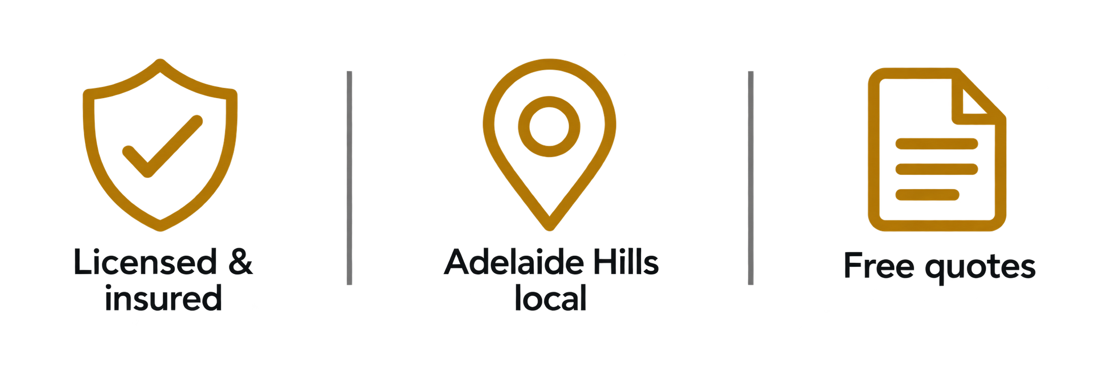 Three service icons with text: licensed and insured, Adelaide Hills local, and free quotes.