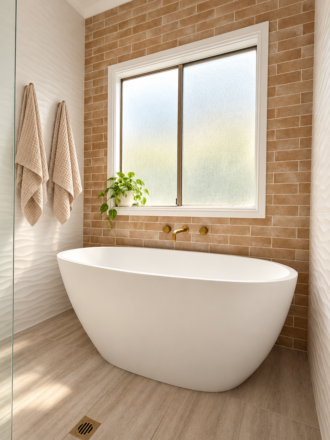 Modern bathroom with a freestanding white soaking tub, frosted window, brown subway tile, potted plant, and beige towels.