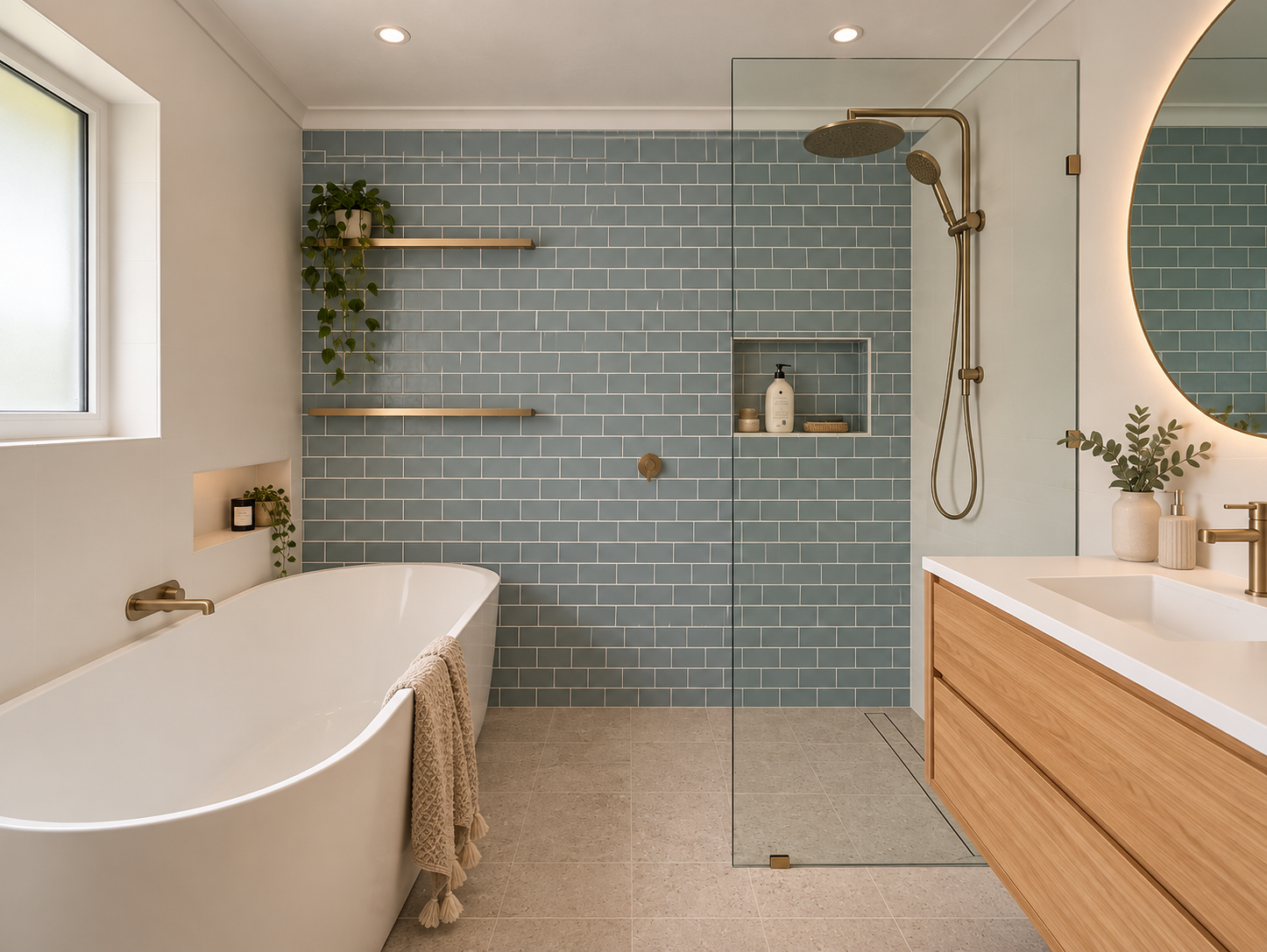 Modern bathroom with teal subway tile shower, freestanding white bathtub, oak vanity, round backlit mirror, and brass fixtures