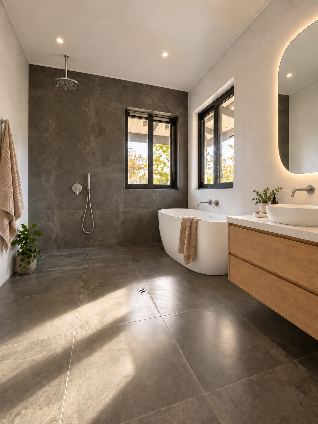 Modern bathroom with freestanding bathtub, rainfall shower, floating wood vanity, backlit mirror, and large windows