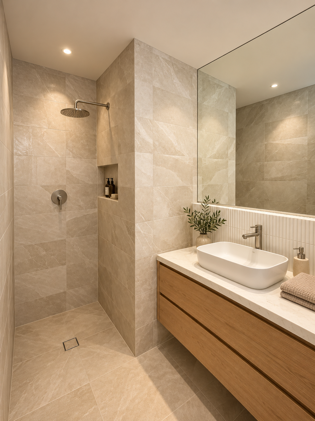 Modern beige-tiled bathroom with walk-in rain shower, wood vanity, vessel sink, large mirror, and decorative plant