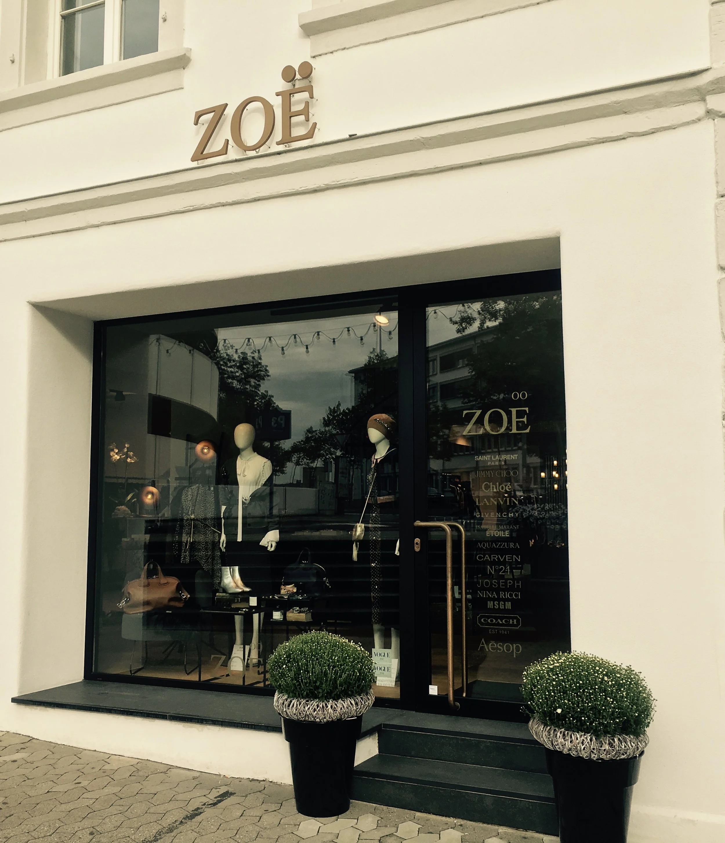 Storefront window displaying mannequins dressed in fashionable clothing, with the brand name 'ZOE' above the entrance and a list of designer brands on the glass. Two large potted plants with round green foliage are positioned on either side of the steps leading to the entrance.
