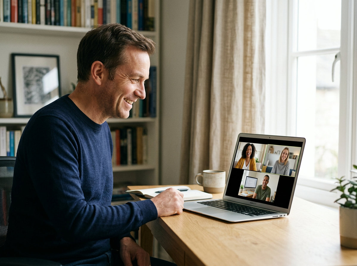 A man in a navy sweater during a video call with three women on a laptop, smiling in a bright room with a bookshelf, a window with curtains, and a coffee mug on the desk.