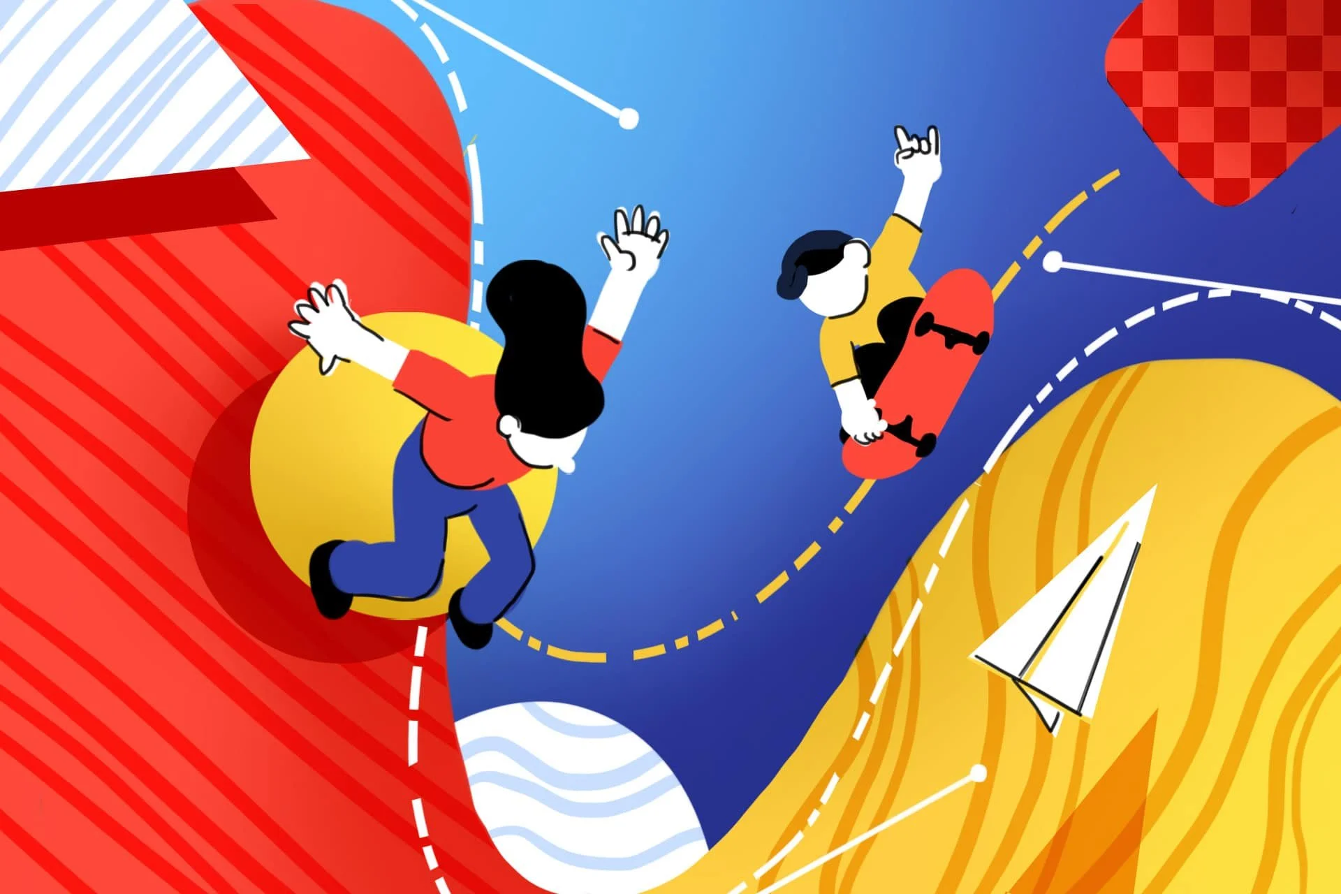 Illustration of two children, one boy holding a skateboard, riding along stylized curved paths with bright geometric background in red, blue, and yellow.