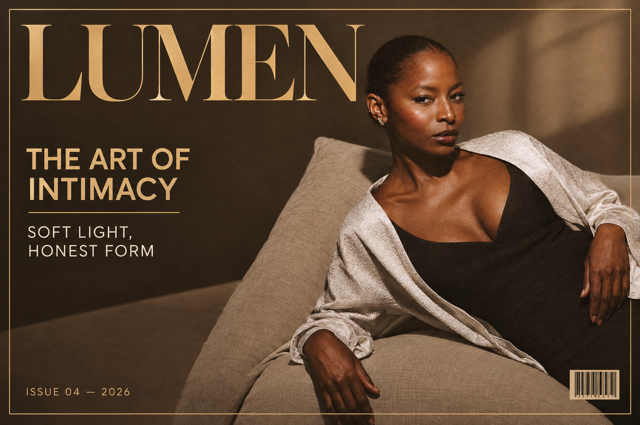 Cover of a magazine titled 'Women: The Art of Intimacy,' featuring a woman with dark skin, short hair, wearing earrings, sitting on a plush beige chair in neutral tones, with a bar code in the bottom right corner. Issue 04, 2026.