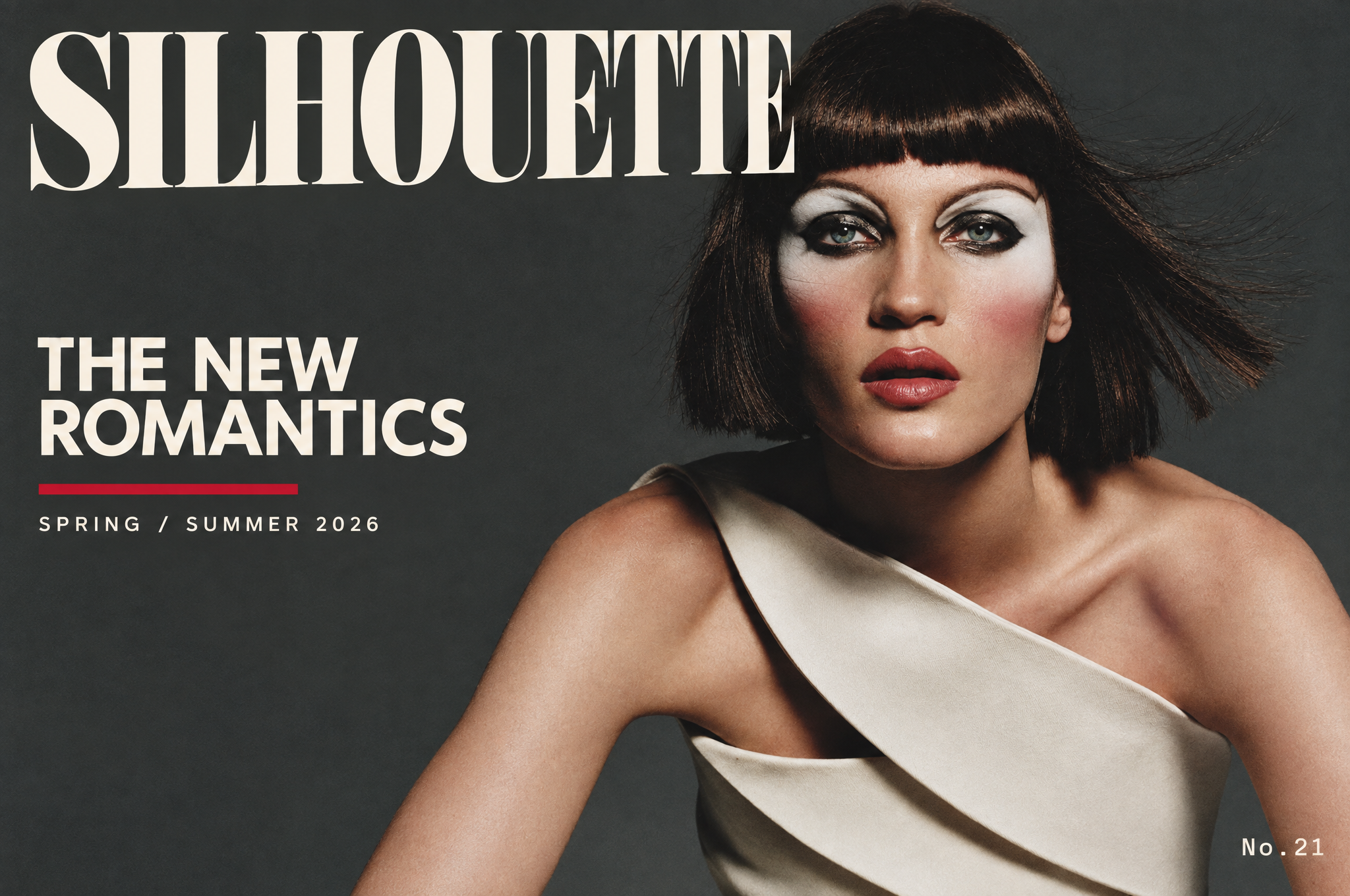 A woman with makeup and a dark bob haircut wearing a beige satin dress with a one-shoulder strap, against a dark background, promoting the spring/summer 2026 collection of Shellette, catalog number 21.