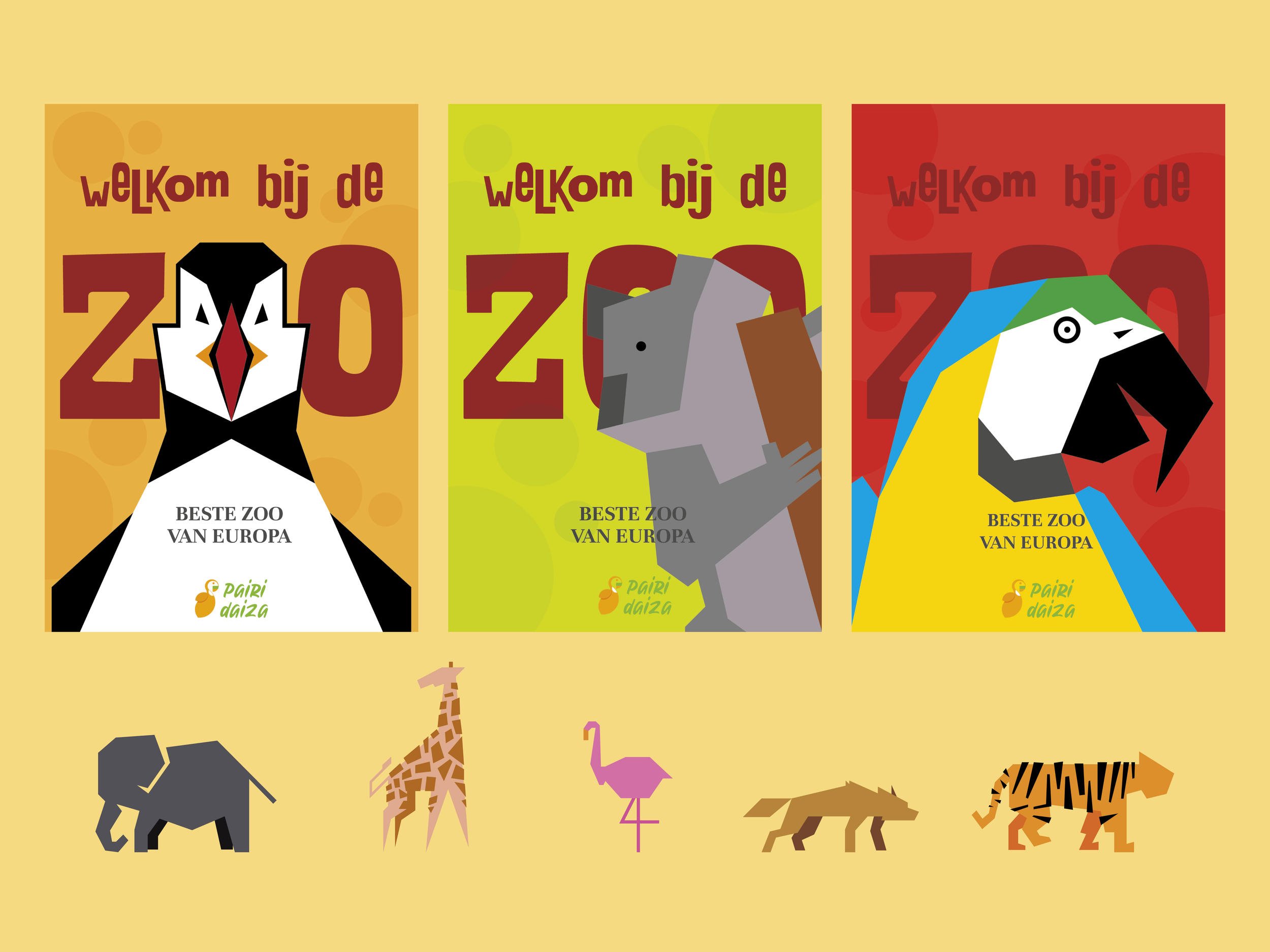 Drie kleurrijke posters met dieren en teksten, met ondertitels in het Nederlands over de beste zoo van Europa.