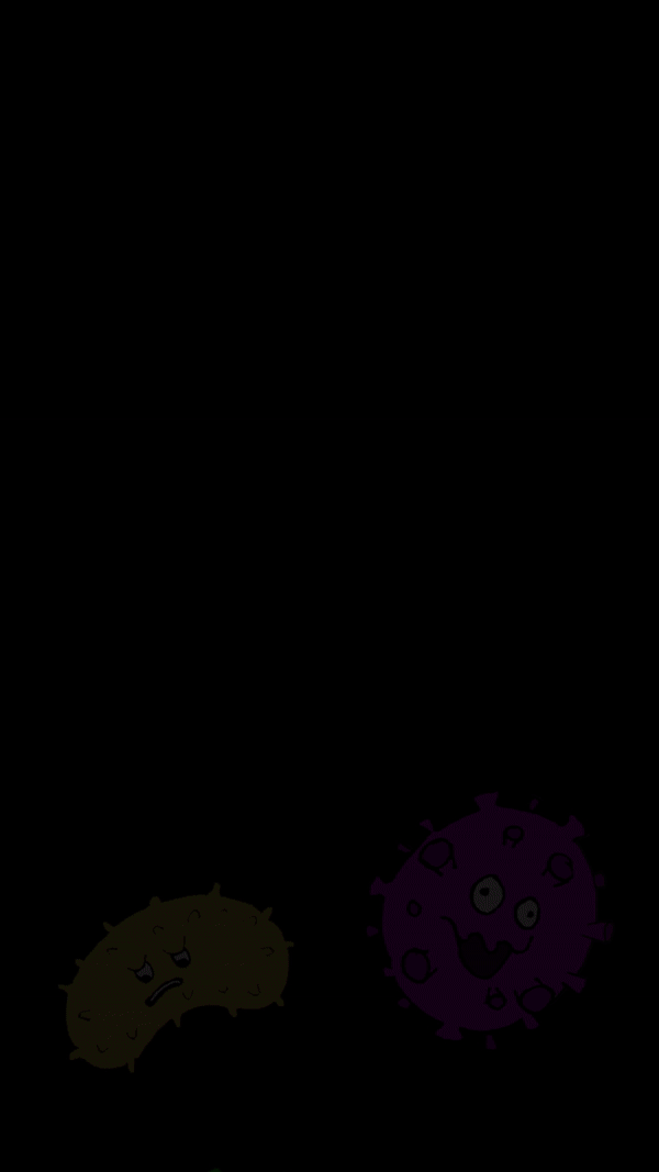Illustratie van een bacterie en een virus met menselijke gezichten, uitgedrukt als boos en blij, met tekst 'Vorig jaar was slecht, want er was een virus dat mensen ziek maakte'.