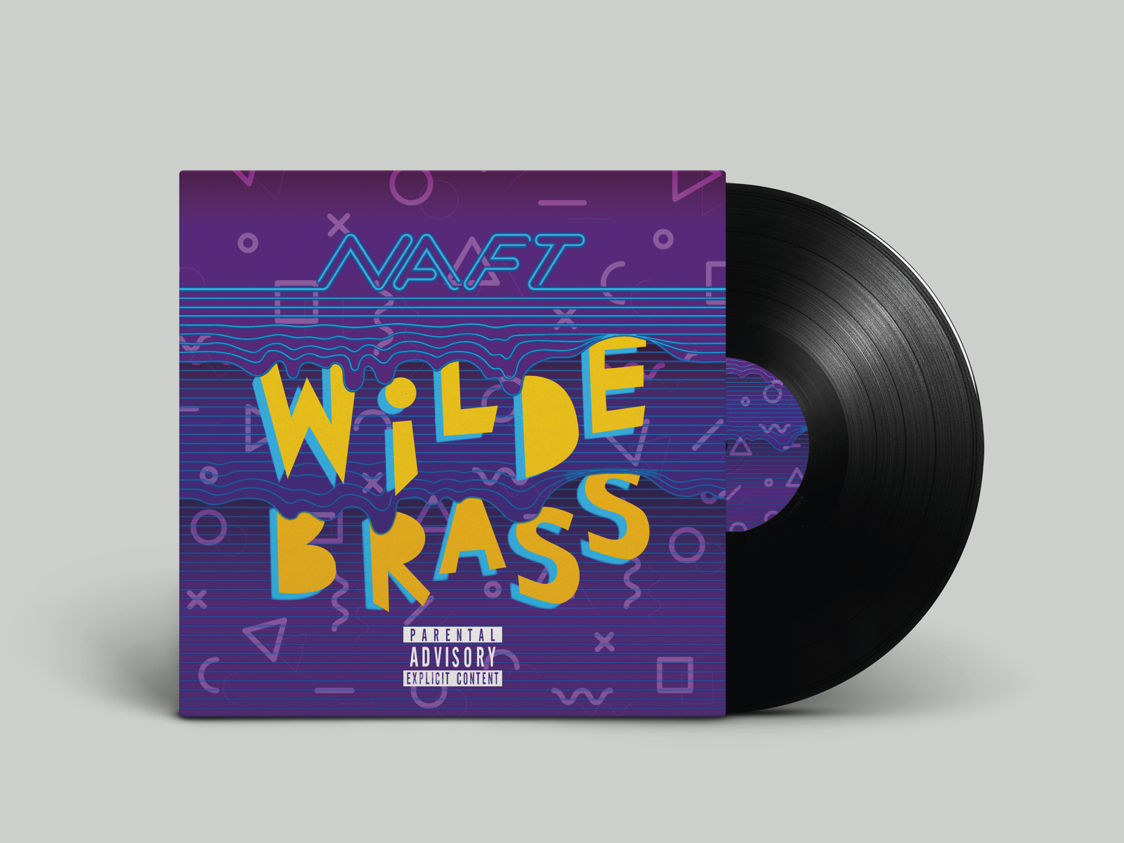 Vinylplaat en albumhoes met kleurrijk ontwerp en tekst 'NAFT WILDE BRASS'
